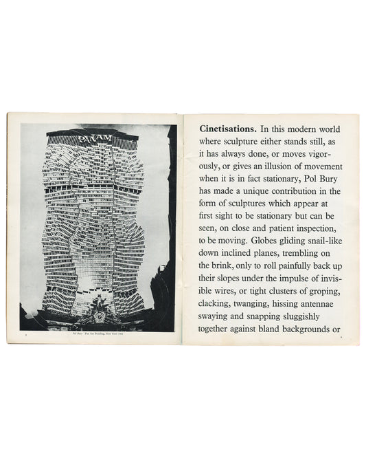 Interior spread of Art and Artists, Vol. 1, No. 10, January 1967, pp. 8–9. Left page: full-page black-and-white reproduction of Pol Bury, Pan Am Building, New York, 1964 — Cinetisation photograph showing the skyscraper buckled and distorted. Right page: opening of essay 'Cinetisations' in large serif type, discussing Bury's kinetic sculptures and photo-based works.