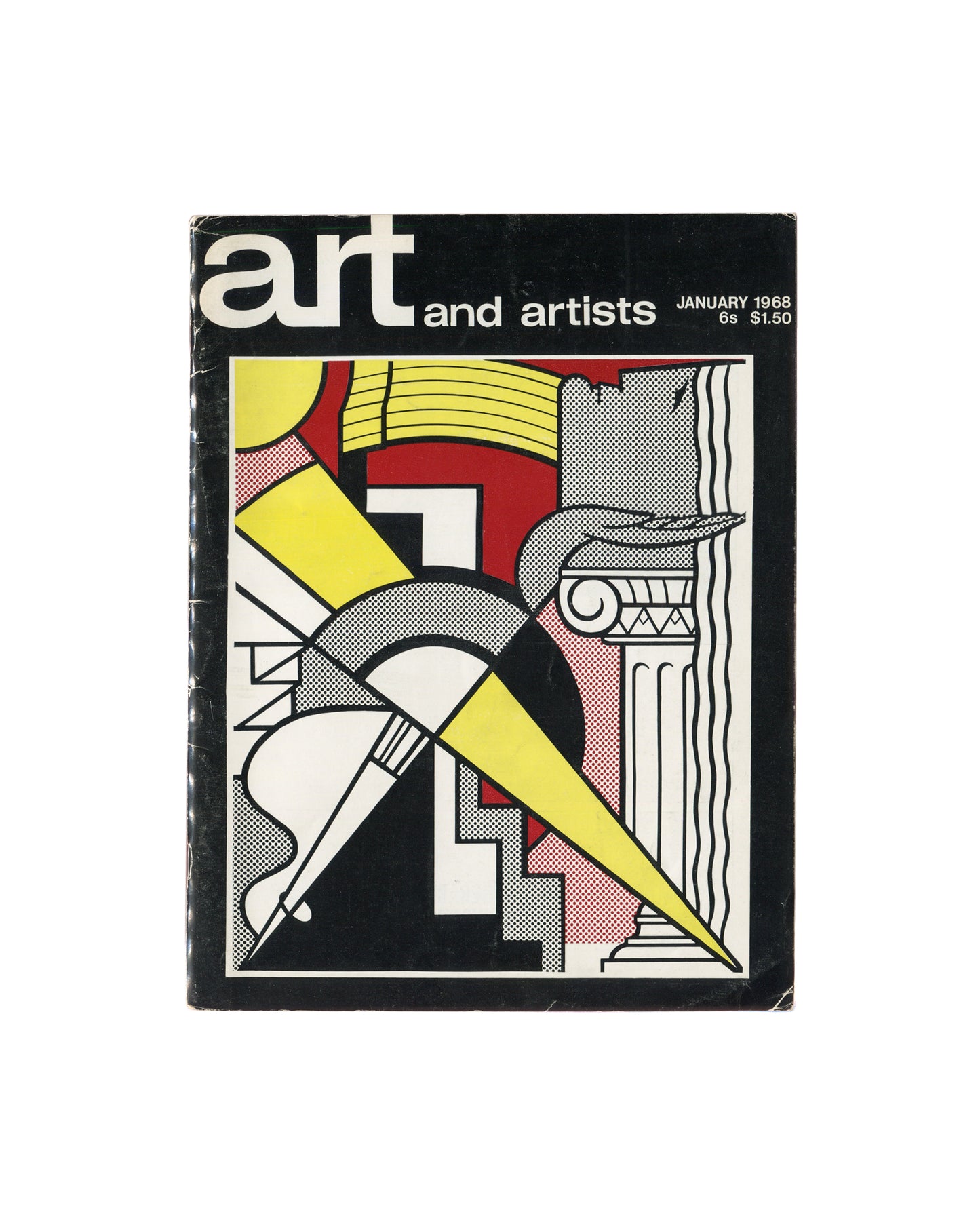 Cover of Art and Artists, Vol. II, No. 10, January 1968, London: Hansom Books. Offset lithograph, approx. 27.5 × 21 cm. Black ground with large modernist masthead 'art and artists JANUARY 1968 6s $1.50' in white. Cover image: Roy Lichtenstein, Modern Painting with Ionic Column, 1967 — Ben-Day dot pattern, yellow diagonal beam, classical column, red and black geometric forms. Rubbing and edge wear to covers visible.