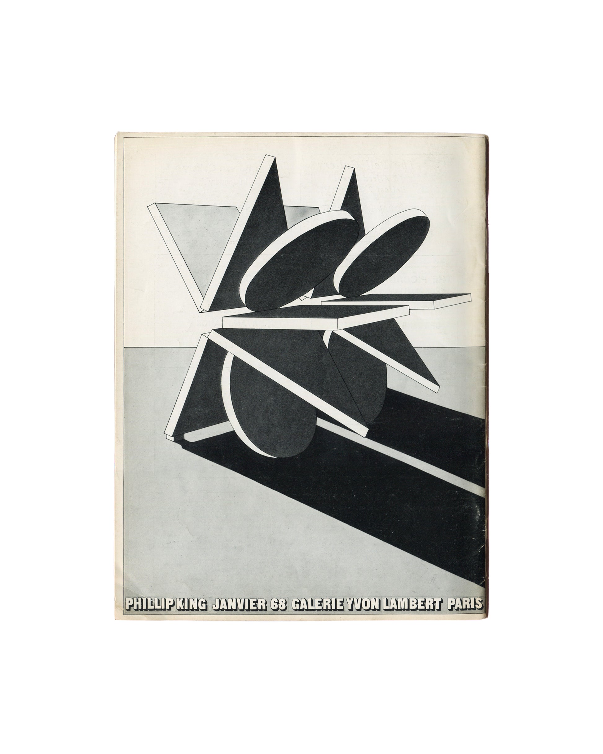 Back cover of Art and Artists, Vol. II, No. 10, January 1968. Full-page black-and-white exhibition invitation for Phillip King, Galerie Yvon Lambert, Paris, Janvier 68. Large photographic reproduction of King's geometric sculpture — triangular and elliptical steel forms casting strong diagonal shadow on pale ground. Bold sans-serif text at base: PHILLIP KING JANVIER 68 GALERIE YVON LAMBERT PARIS.