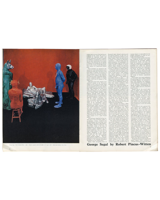 Interior spread of Art and Artists, Vol. II, No. 10, January 1968, pp. 30–31. Feature 'George Segal' by Robert Pincus-Witten. Left page: full-bleed colour photograph of Segal's The Costume Party, 1965, plaster and mixed media, John Janis Gallery, New York — white plaster figures in red-lit environment with animal heads. Right page: two-column critical text with large bold footer 'George Segal by Robert Pincus-Witten'.