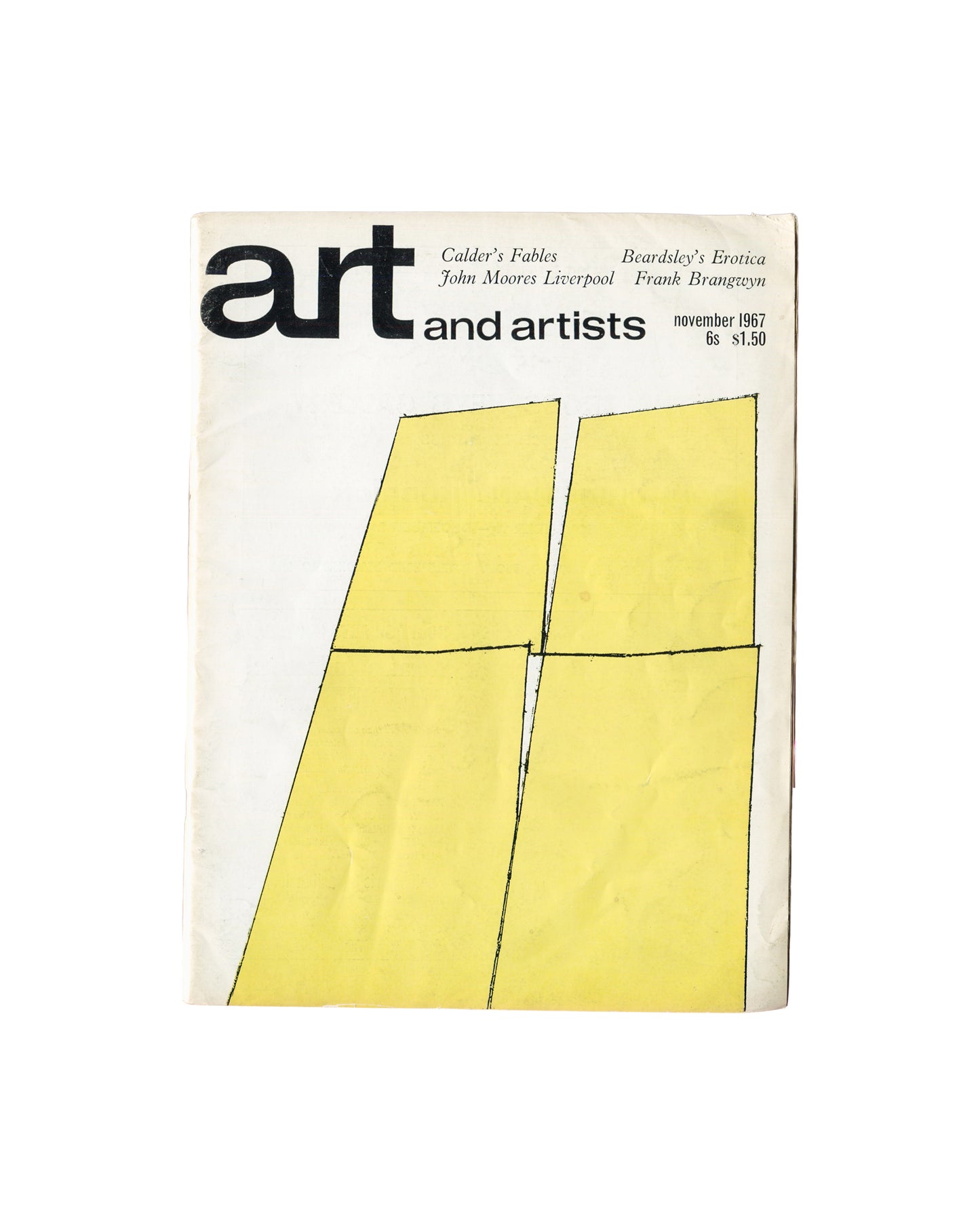 Cover of Art and Artists, Vol. II, No. 8, November 1967, London: Hansom Books. Offset lithograph, approx. 27.5 × 21 cm. White ground with large modernist masthead 'art and artists november 1967 6s $1.50' in black. Cover image specially designed by Richard Smith: two tall yellow rectangular forms divided by a central vertical black line and a horizontal black line, on white ground. Contents listed upper right: Calder's Fables, Beardsley's Erotica, John Moores Liverpool, Frank Brangwyn. Creasing and handling 