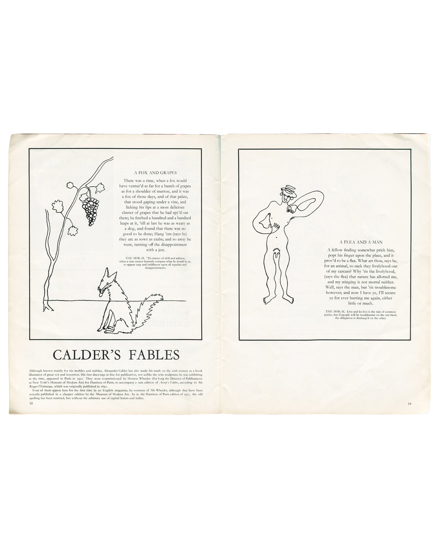 Interior spread of Art and Artists, Vol. II, No. 8, November 1967, pp. 12–13. Feature 'Calder's Fables'. Left page: two framed line drawings by Alexander Calder — upper, A Fox and Grapes, fox beneath vine with grapes; lower, A Flea and a Man, nude male figure with flea. Introductory text below: 'Calder's Fables'. Right page: two further framed Calder line drawings with fable texts in period typography. Clean white pages, light age toning.