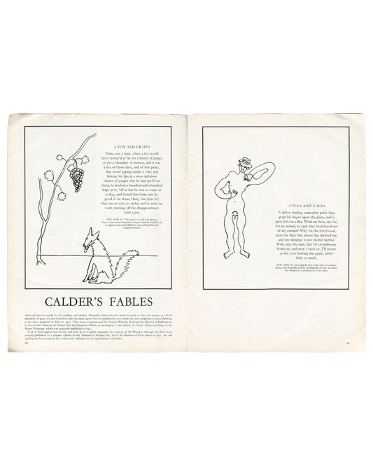 Interior spread of Art and Artists, Vol. II, No. 8, November 1967, pp. 12–13. Feature 'Calder's Fables'. Left page: two framed line drawings by Alexander Calder — upper, A Fox and Grapes, fox beneath vine with grapes; lower, A Flea and a Man, nude male figure with flea. Introductory text below: 'Calder's Fables'. Right page: two further framed Calder line drawings with fable texts in period typography. Clean white pages, light age toning.