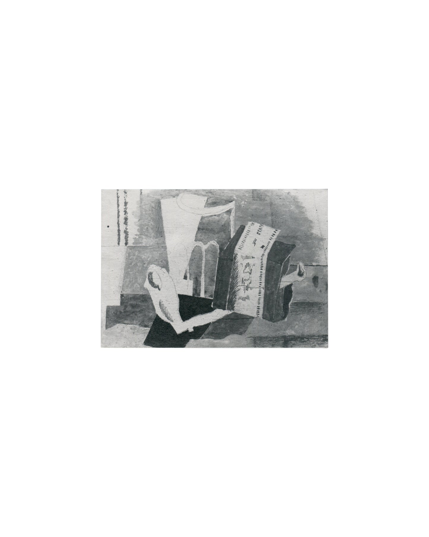 . Cover Centenaire de Jean Paulhan, De la peinture et de l'écrit, Le Bateau-Lavoir, Paris, 1984–85. Invitation cover: monochrome halftone of a Cubist still life — fragmented guitar or stringed instrument, sheet music, jug and geometric planes in grey and black. No text. Light age toning