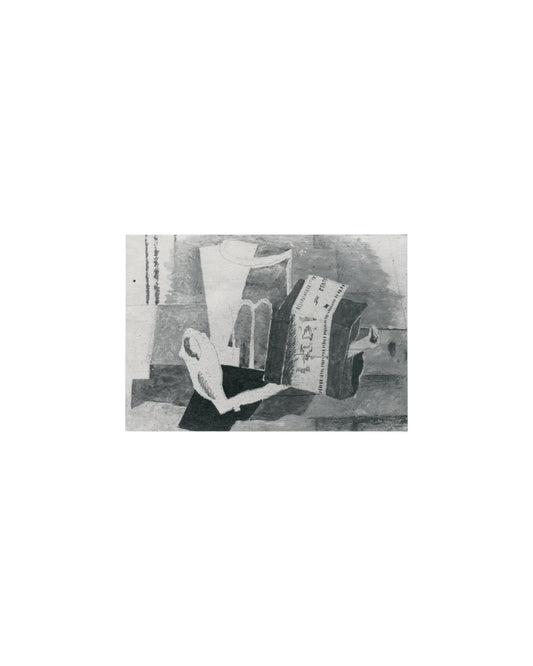. Cover Centenaire de Jean Paulhan, De la peinture et de l'écrit, Le Bateau-Lavoir, Paris, 1984–85. Invitation cover: monochrome halftone of a Cubist still life — fragmented guitar or stringed instrument, sheet music, jug and geometric planes in grey and black. No text. Light age toning