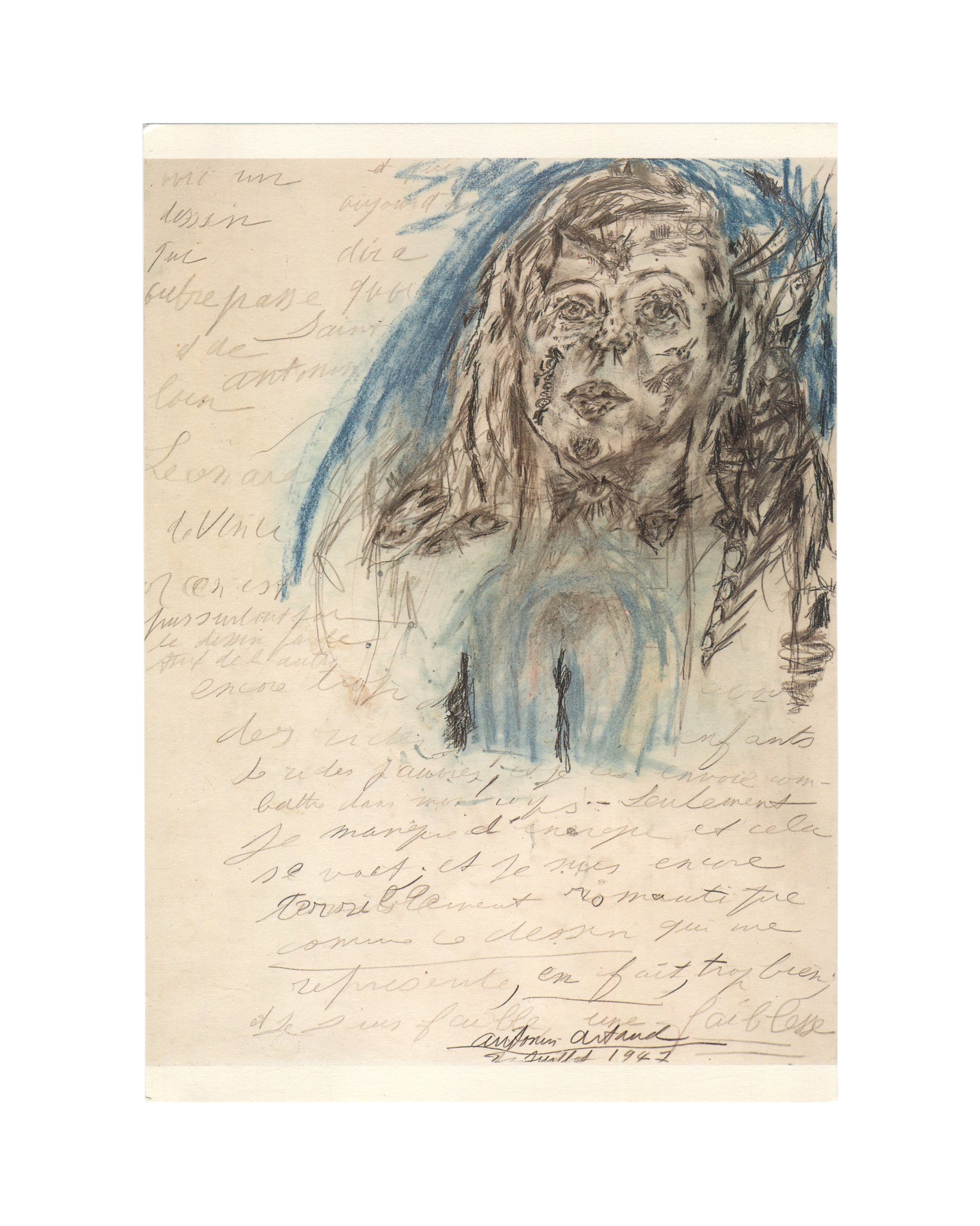 Original 1987 Antonin Artaud Dessins exhibition invitation, Centre Georges Pompidou, Paris — recto reproducing Artaud's Portrait de Jany de Ruy, 2 July 1947: portrait head in graphite and greasy coloured chalk with blue wash, surrounded by dense handwritten text in French, signed and dated antonin artaud / 2 juillet 1947 at lower centre.