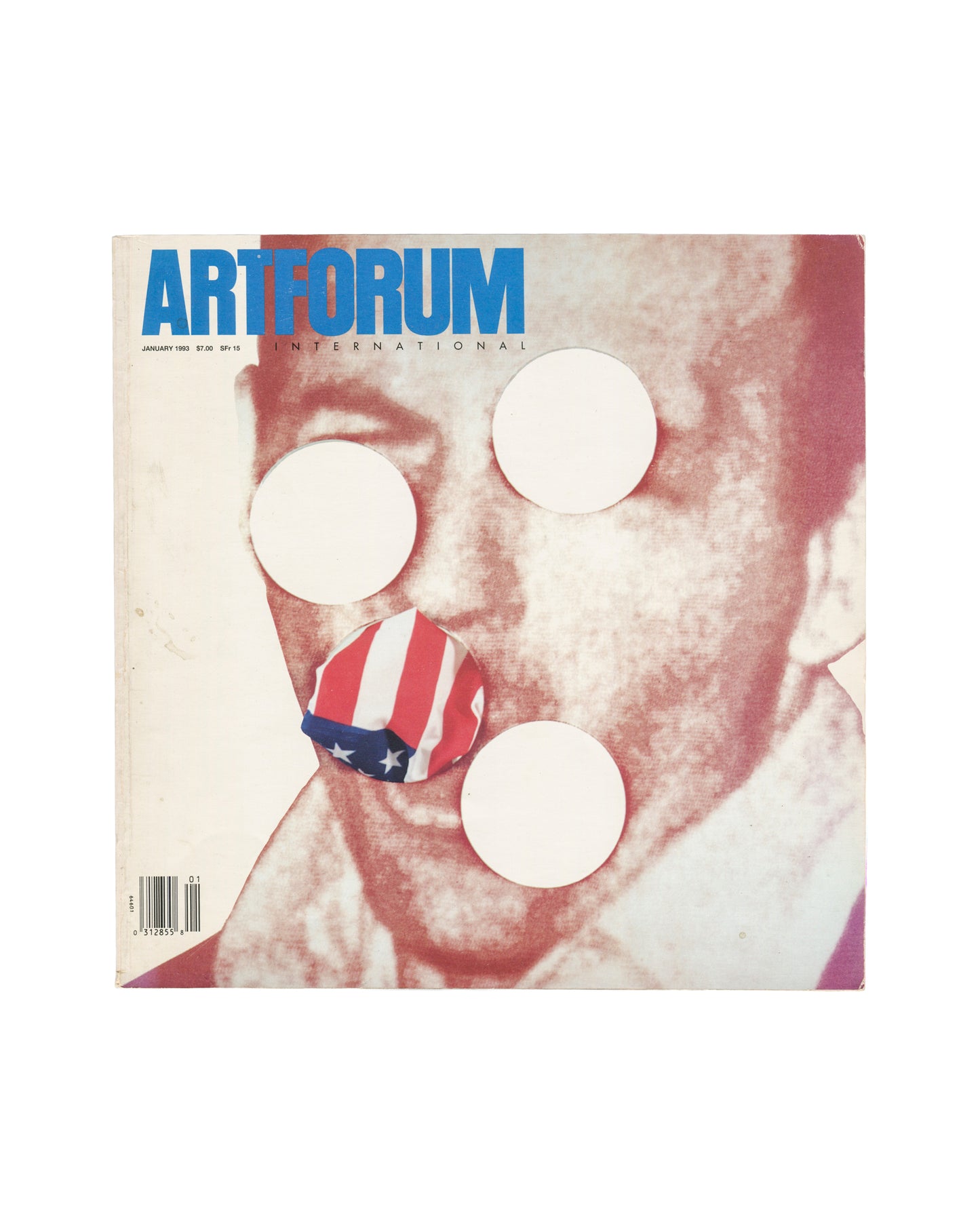CADY NOLAND, Artforum International, January 1993, front cover, halftoned male face with three white voids and American flag button

