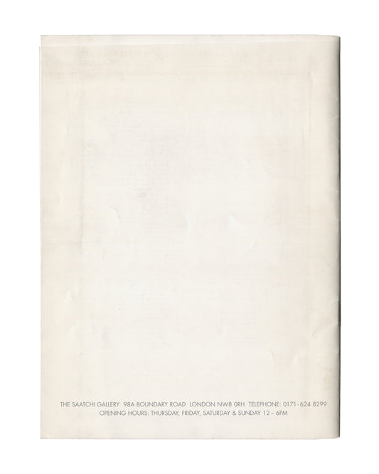 Reverse of 1998 Young Americans 2 Saatchi Gallery London exhibition catalogue showing plain cream-white stock with light age toning and surface marks, with small black sans-serif text at foot reading 'THE SAATCHI GALLERY 98A BOUNDARY ROAD LONDON NW8 0RH TELEPHONE: 0171-624 8299 / OPENING HOURS: THURSDAY, FRIDAY, SATURDAY & SUNDAY 12–6PM'.