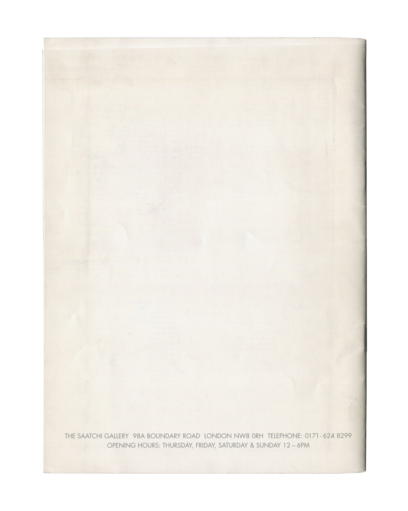 Reverse of 1998 Young Americans 2 Saatchi Gallery London exhibition catalogue showing plain cream-white stock with light age toning and surface marks, with small black sans-serif text at foot reading 'THE SAATCHI GALLERY 98A BOUNDARY ROAD LONDON NW8 0RH TELEPHONE: 0171-624 8299 / OPENING HOURS: THURSDAY, FRIDAY, SATURDAY & SUNDAY 12–6PM'.