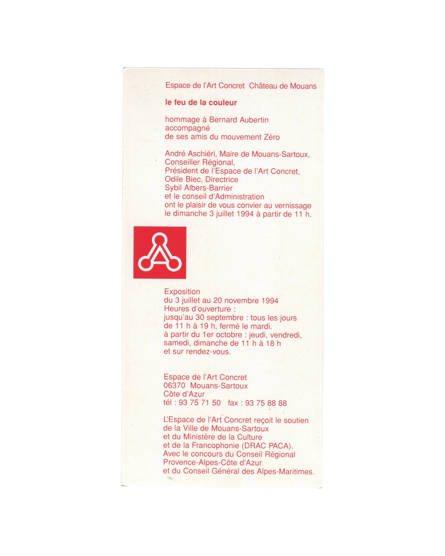Original 1994 Bernard Aubertin Le feu de la couleur exhibition invitation card, Espace de l'Art Concret, Château de Mouans, Mouans-Sartoux — recto printed entirely in red on cream card stock; vertical format; header: Espace de l'Art Concret Château de Mouans; title le feu de la couleur in bold red; hommage à Bernard Aubertin / accompagné / de ses amis du mouvement Zéro; formal invitation text from André Aschièri, Maire de Mouans-Sartoux, Odile Biec, Directrice, and Sybil Albers-Barrier for vernissage 
