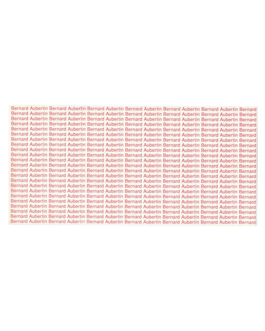 Reverse of 1994 Bernard Aubertin Le feu de la couleur exhibition invitation card, Espace de l'Art Concret, Mouans-Sartoux — verso printed entirely in red on cream stock with the name Bernard Aubertin repeated in dense rows across the full surface of the card, functioning as typographic monochrome; name becomes pattern, artist becomes surface.