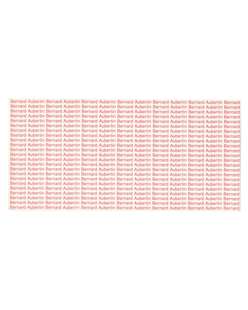 Reverse of 1994 Bernard Aubertin Le feu de la couleur exhibition invitation card, Espace de l'Art Concret, Mouans-Sartoux — verso printed entirely in red on cream stock with the name Bernard Aubertin repeated in dense rows across the full surface of the card, functioning as typographic monochrome; name becomes pattern, artist becomes surface.