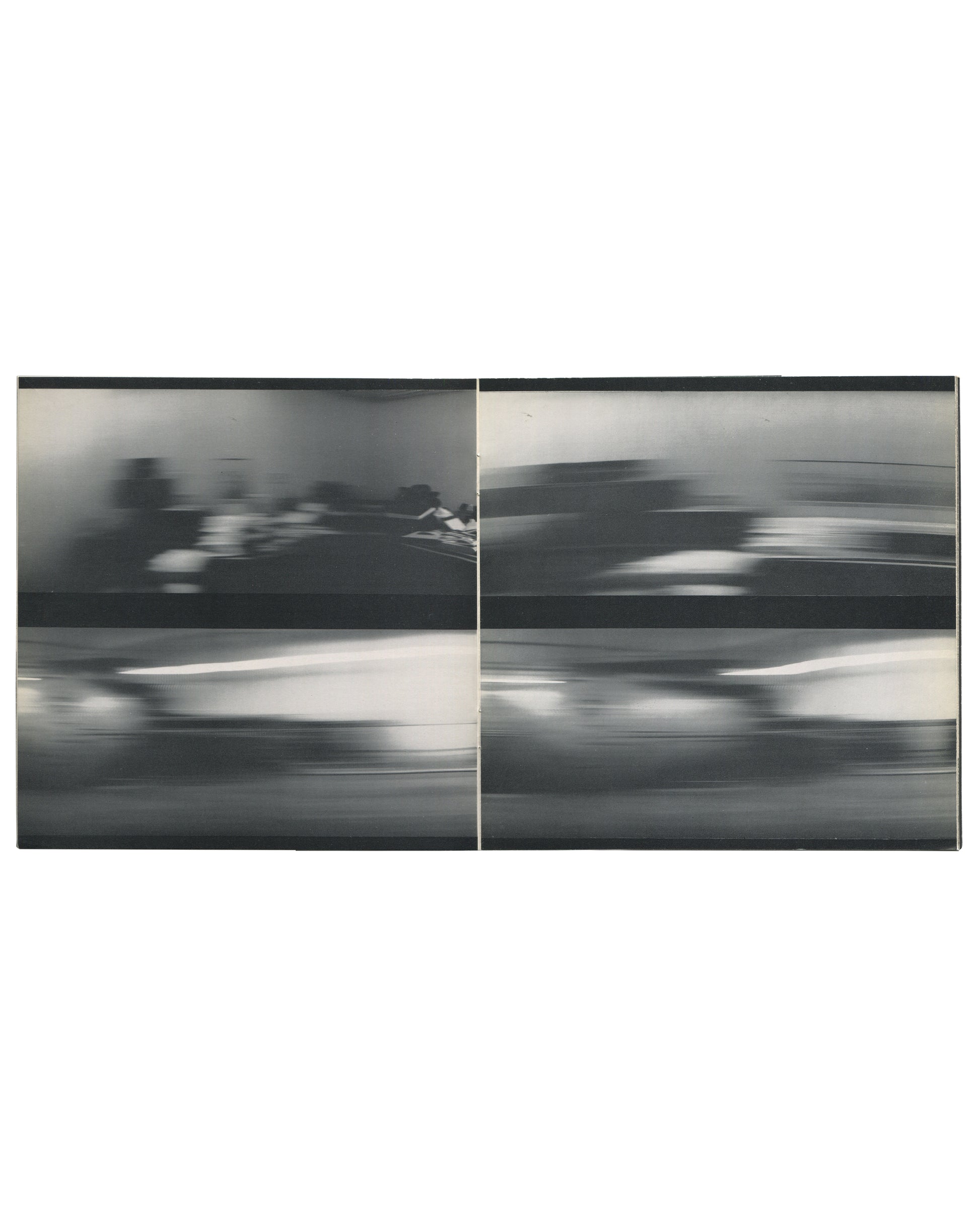 Interior spread from 1970 Larry Bell, Robert Irwin, Doug Wheeler, Tate Gallery. Four black-and-white film stills showing blurred motion of a vehicle or object in a darkened space, printed across a double-page spread.
