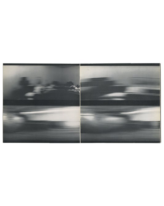 Interior spread from 1970 Larry Bell, Robert Irwin, Doug Wheeler, Tate Gallery. Four black-and-white film stills showing blurred motion of a vehicle or object in a darkened space, printed across a double-page spread.