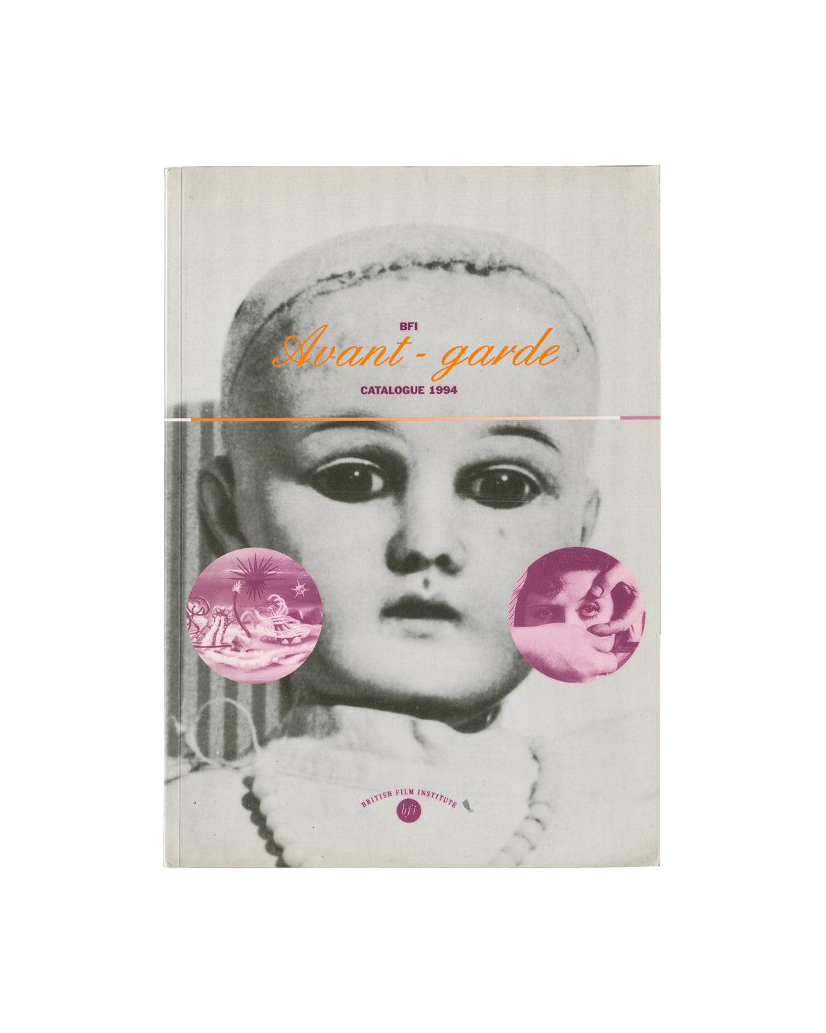BFI Avant-Garde Catalogue 1994, front cover, close-up of porcelain doll face, two pink circular film stills overlaid