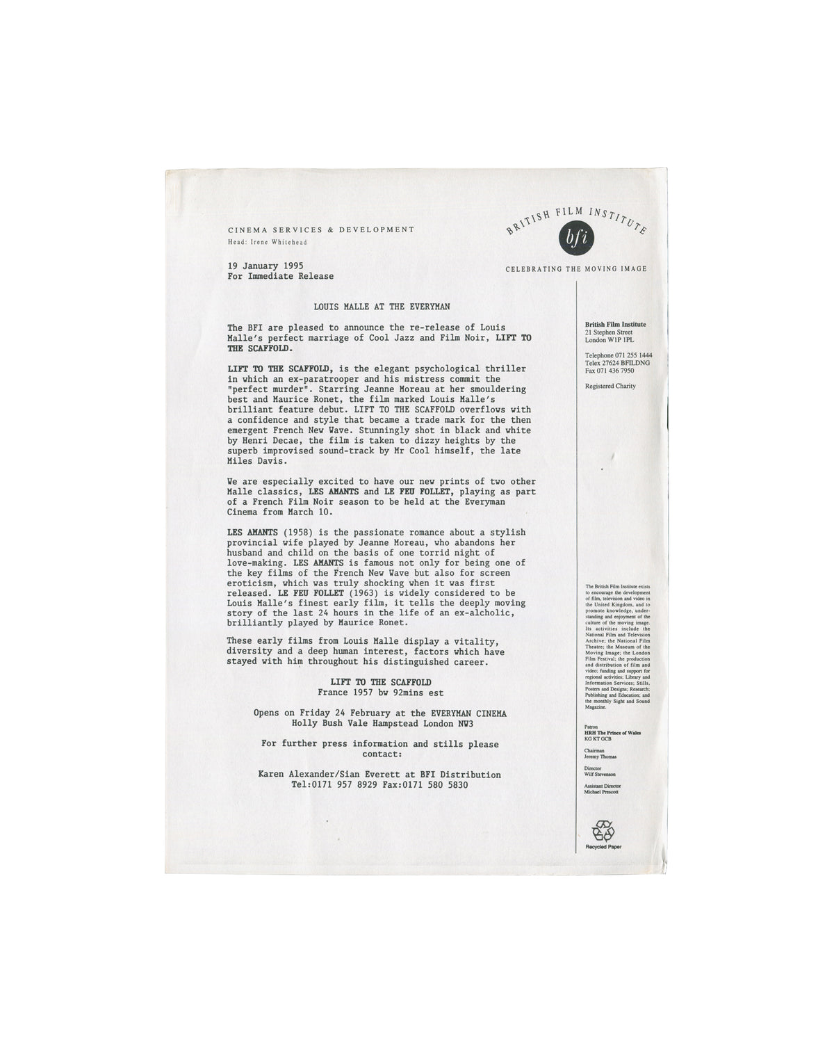BFI Distribution press notice, Louis Malle at the Everyman, 19 January 1995, Lift to the Scaffold re-release, typed on BFI letterhead