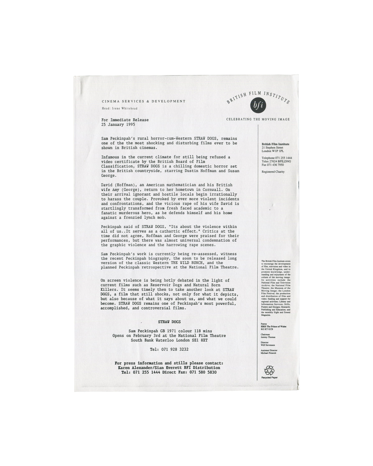 BFI Distribution press notice, Sam Peckinpah, Straw Dogs, 25 January 1995, refused BBFC video certificate, typed on BFI letterhead