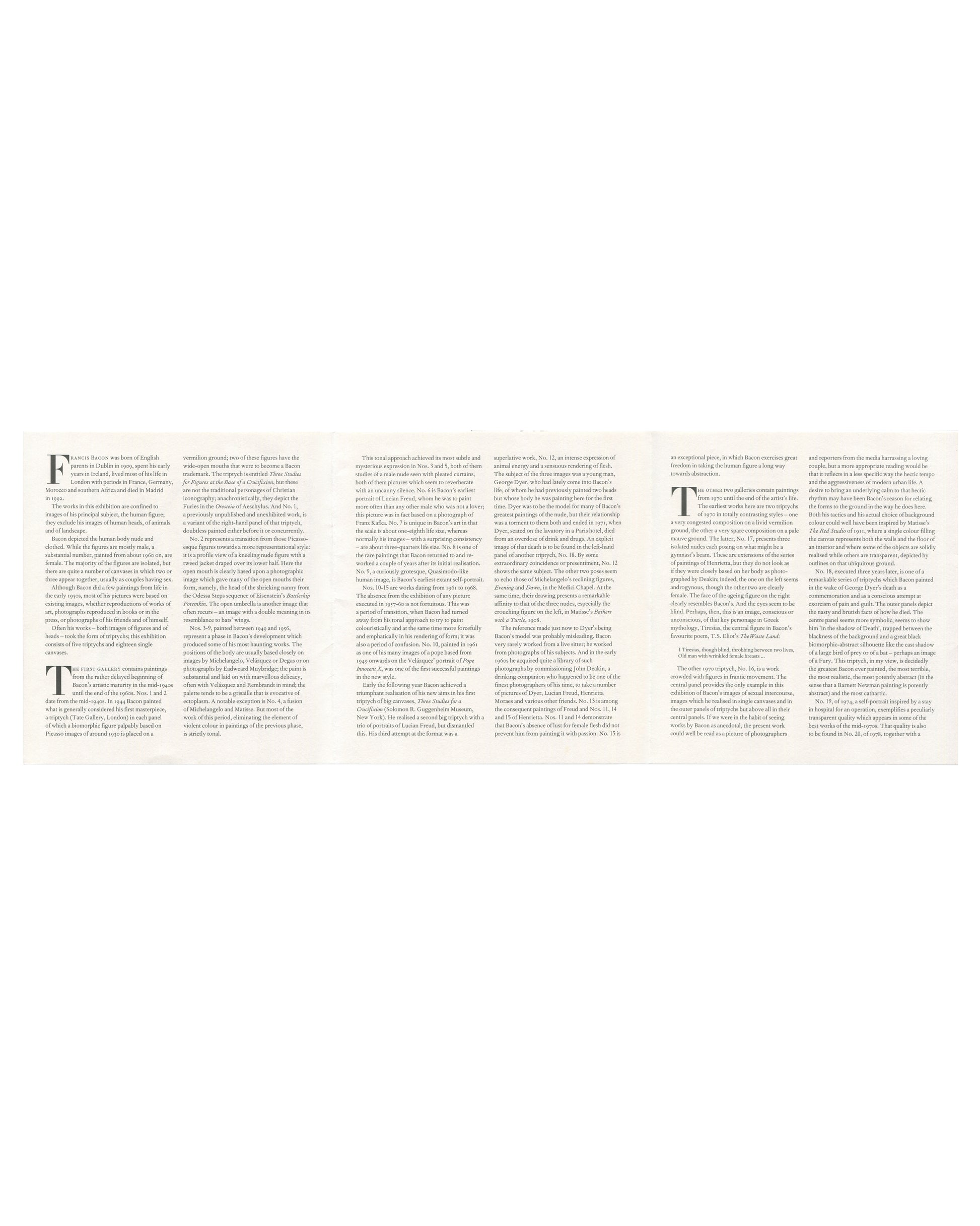 Full unfolded interior of 1998 Francis Bacon: The Human Body exhibition guide, Hayward Gallery, London — three-panel spread showing David Sylvester's essay text in two columns at left with List of Works below listing 32 works dated 1944–1991 including Study for the Nurse in the Battleship Potemkin, Triptych, Three Studies for Figures at the Base of a Crucifixion, and Figure in Movement; central and right panels continuing the essay text in dense serif columns; offset print on white paper stock.