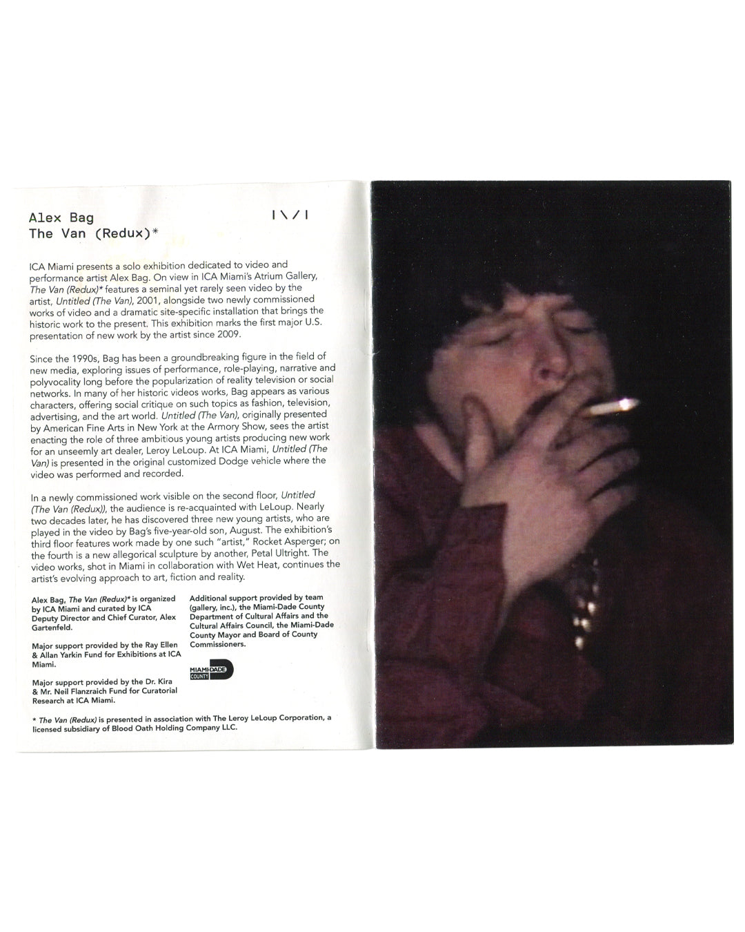 Interior text page of Alex Bag, The Van (Redux) exhibition brochure, ICA Miami, 2015 — exhibition essay describing Bag's video practice and ICA Miami presentation, alongside a dark video still of a figure smoking.