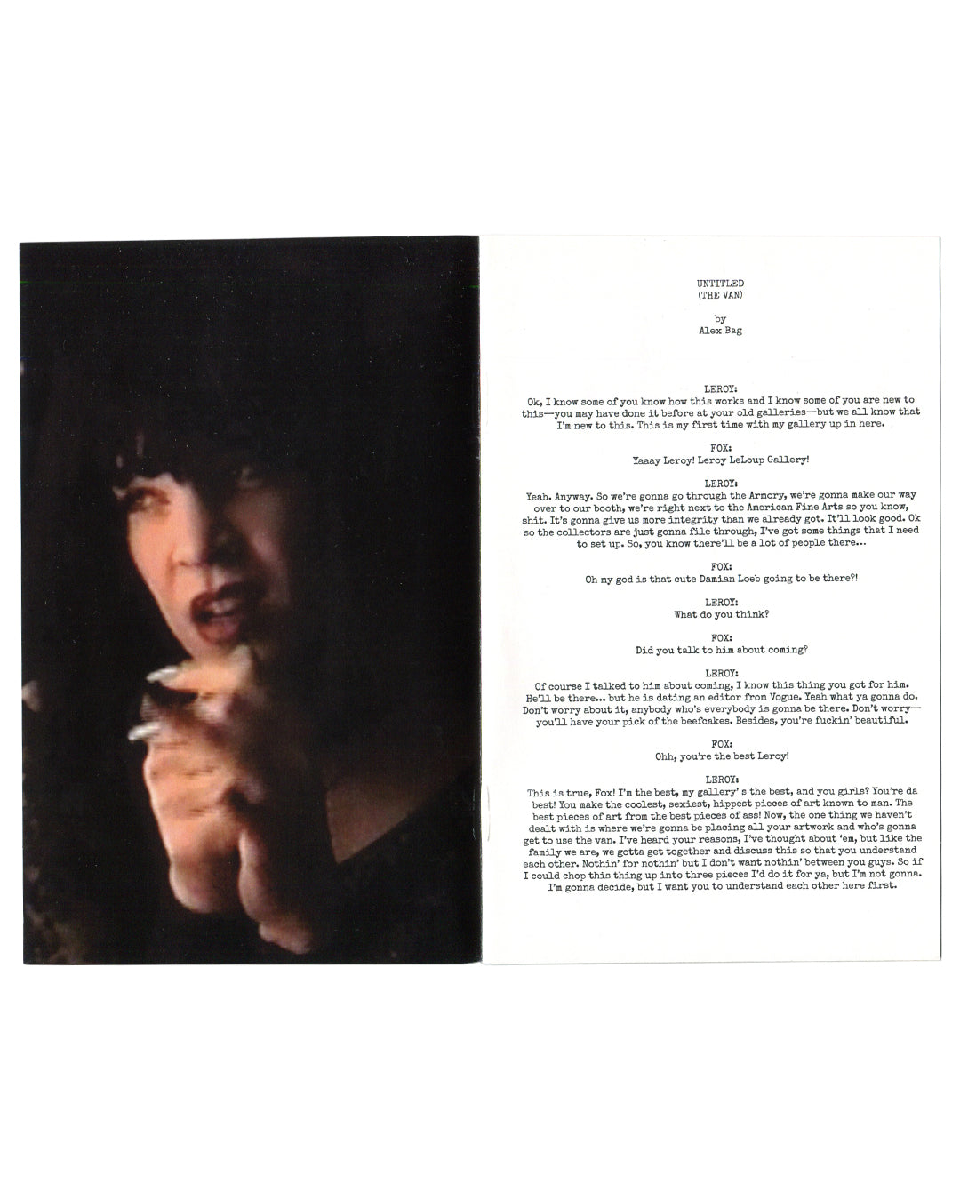 Interior spread of Alex Bag, The Van (Redux) exhibition brochure, ICA Miami, 2015 — left page: dark video still of a woman smoking; right page: printed script text for Untitled (The Van) by Alex Bag, with character dialogue in small type."