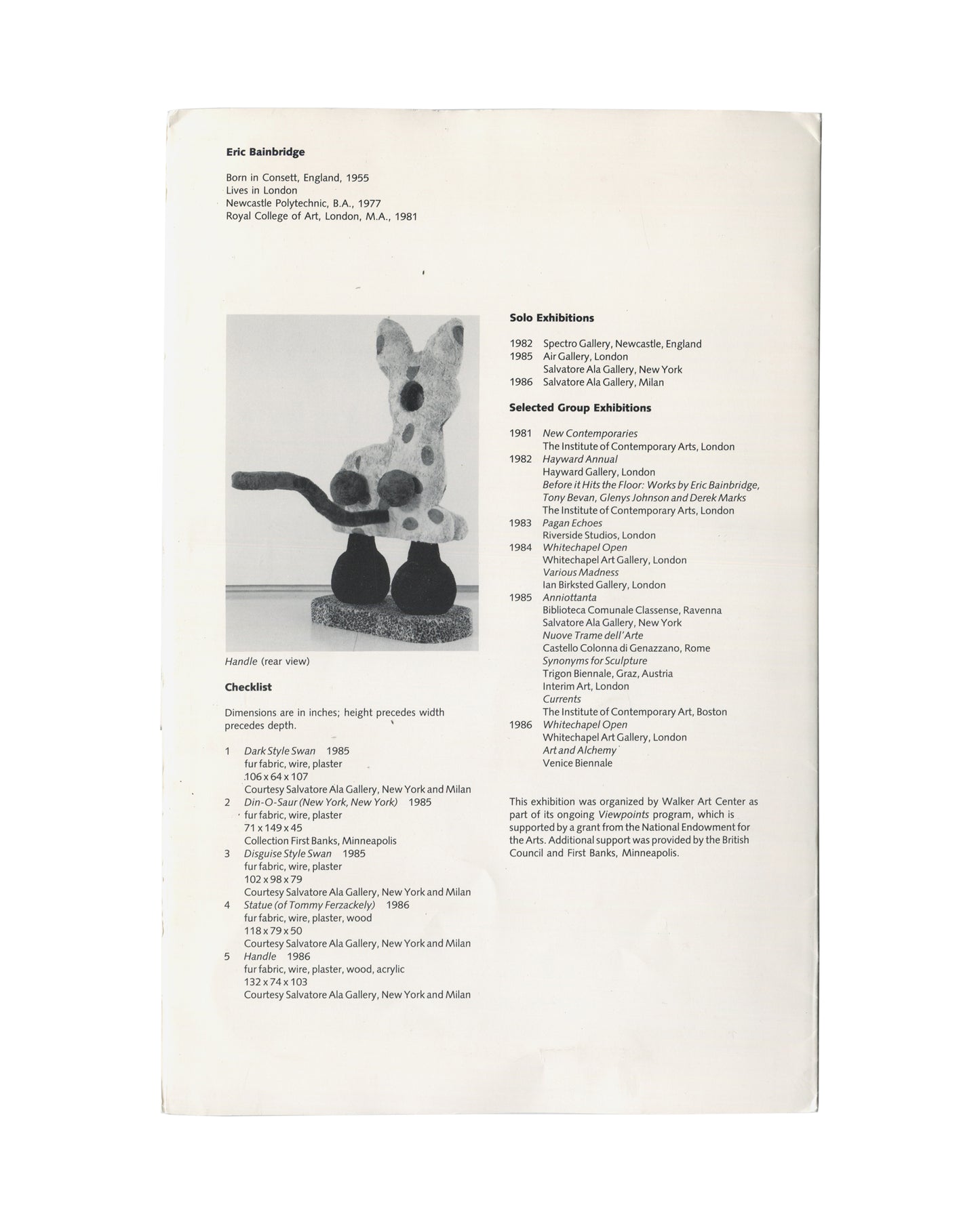 nterior and back panel of 1986 Eric Bainbridge Viewpoints Walker Art Center exhibition brochure showing two-column black serif text on white ground: left column with artist biography (born Consett, England, 1955; Newcastle Polytechnic B.A. 1977; Royal College of Art M.A. 1981), a black-and-white photograph of Handle (rear view), and a numbered checklist of five works (Dark Style Swan 1985, Statue of Tommy Ferzackely 1985, Disguise Style Swan 1985, Din-O-Saur New York New York 1985, Handle 1986), all fur fab