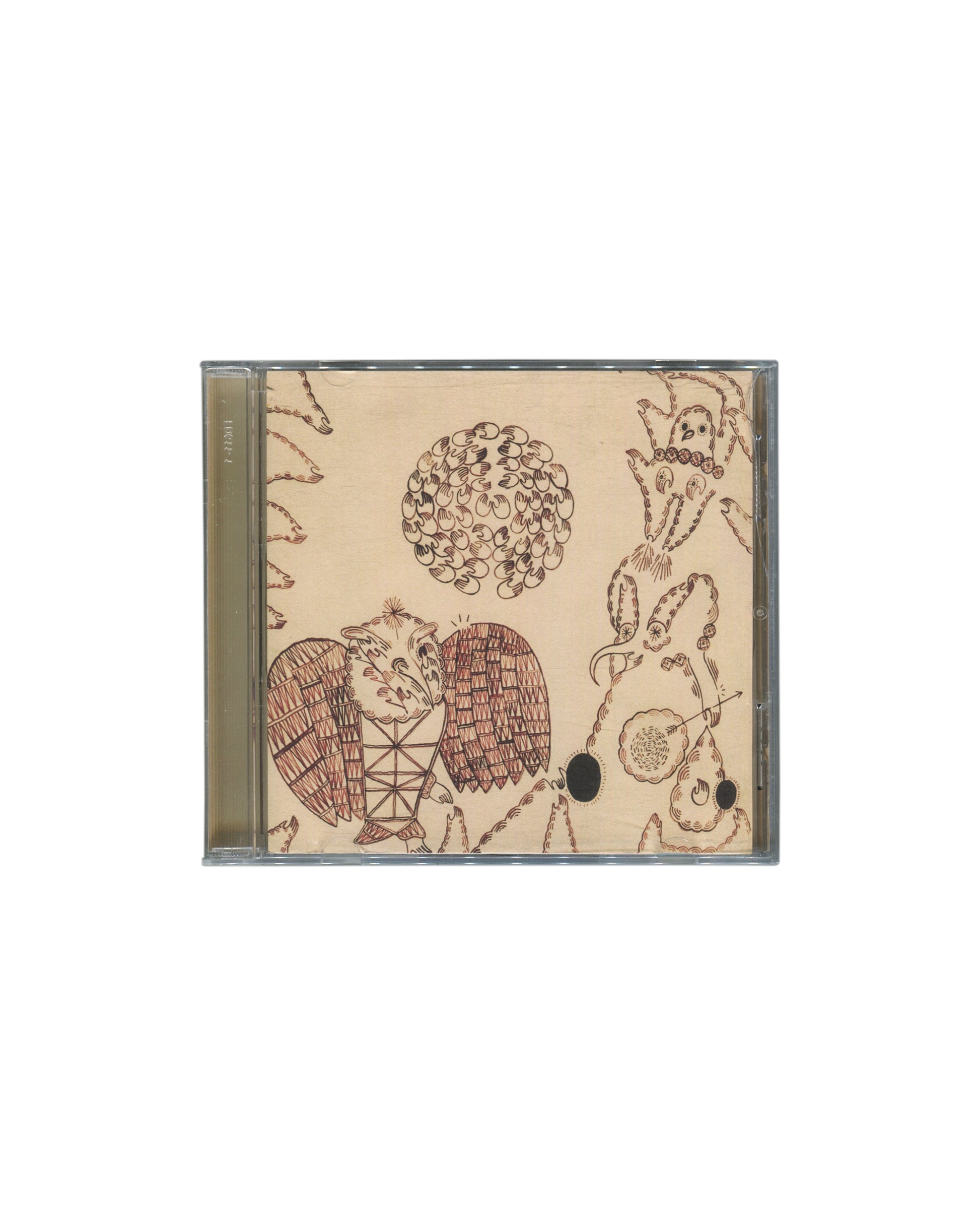 Original 2004 Devendra Banhart Rejoicing in the Hands CD, Young God Records / XL Recordings — jewel case front showing cream-toned illustrated cover with hand-drawn figures including a winged bear, owl, rabbit, and orb amid decorative foliage, all in brown ink on aged paper ground