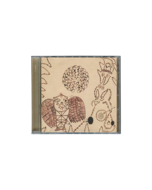 Original 2004 Devendra Banhart Rejoicing in the Hands CD, Young God Records / XL Recordings — jewel case front showing cream-toned illustrated cover with hand-drawn figures including a winged bear, owl, rabbit, and orb amid decorative foliage, all in brown ink on aged paper ground