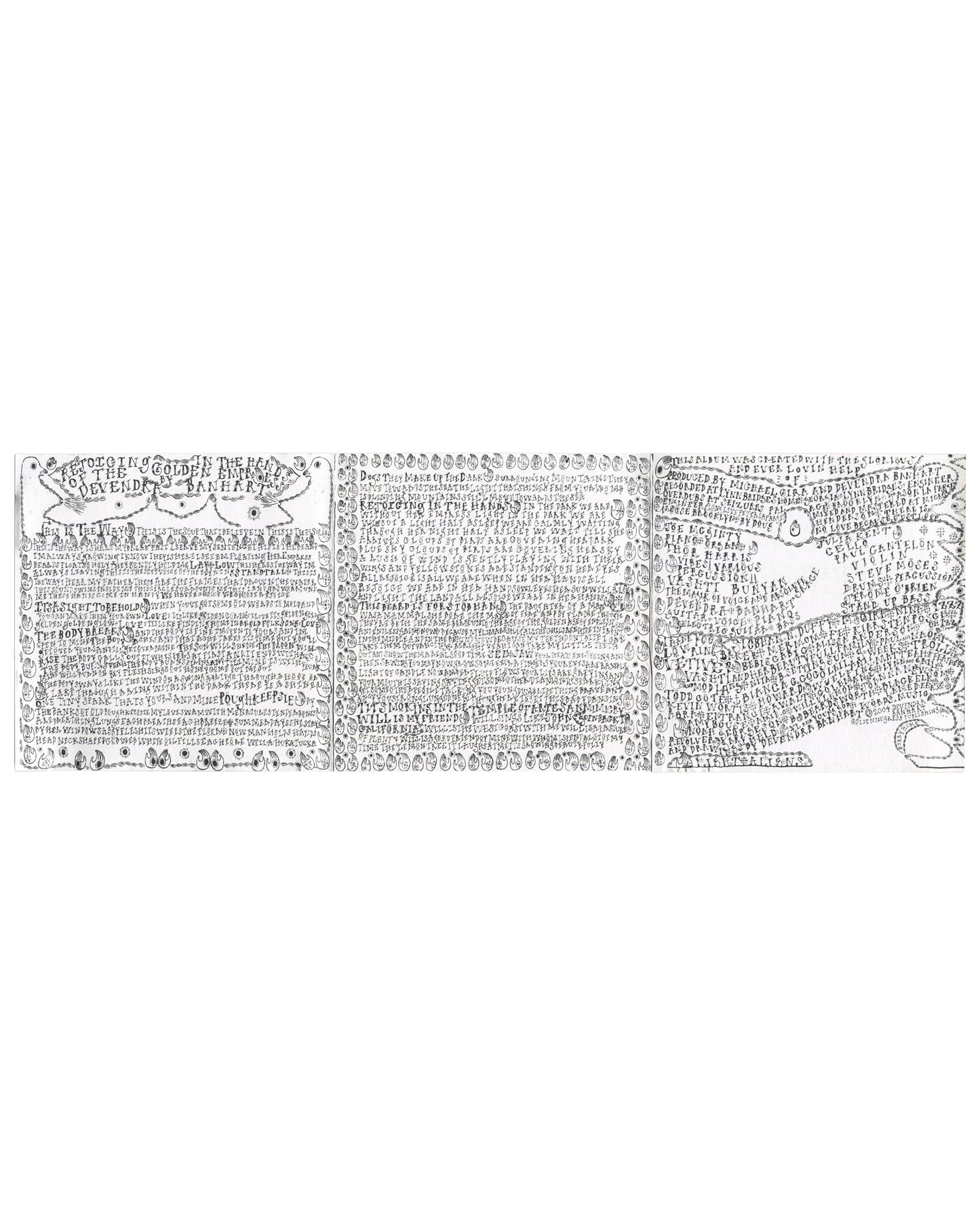 nterior fold-out booklet of 2004 Devendra Banhart Rejoicing in the Hands — three-panel spread with dense hand-lettered lyrics and credits in cursive script, decorative oval borders top and bottom