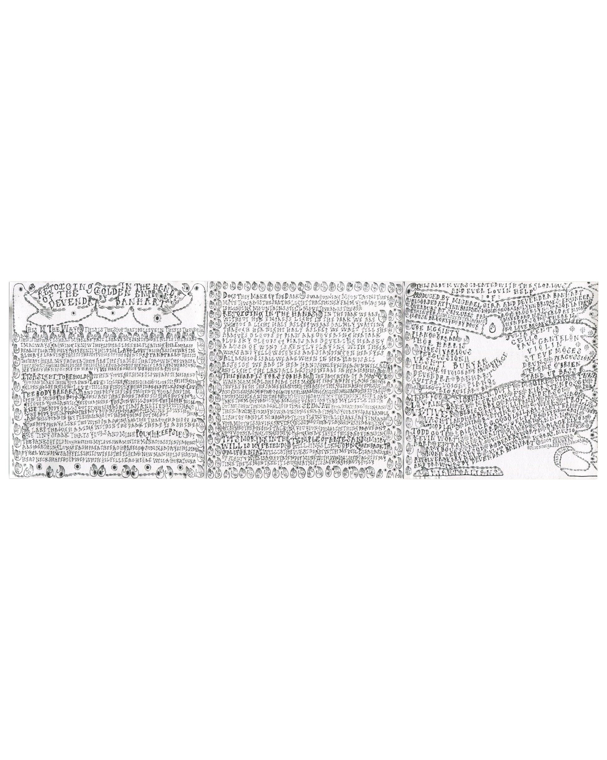 nterior fold-out booklet of 2004 Devendra Banhart Rejoicing in the Hands — three-panel spread with dense hand-lettered lyrics and credits in cursive script, decorative oval borders top and bottom
