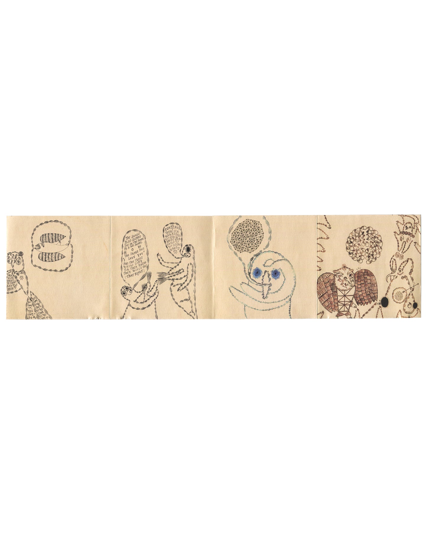 Interior fold-out booklet of 2004 Devendra Banhart Rejoicing in the Hands — four-panel strip with hand-drawn figures in ink and watercolour including a creature with speech bubble, octopus-like form, blue-eyed figure holding an orb, and the winged bear from the cover