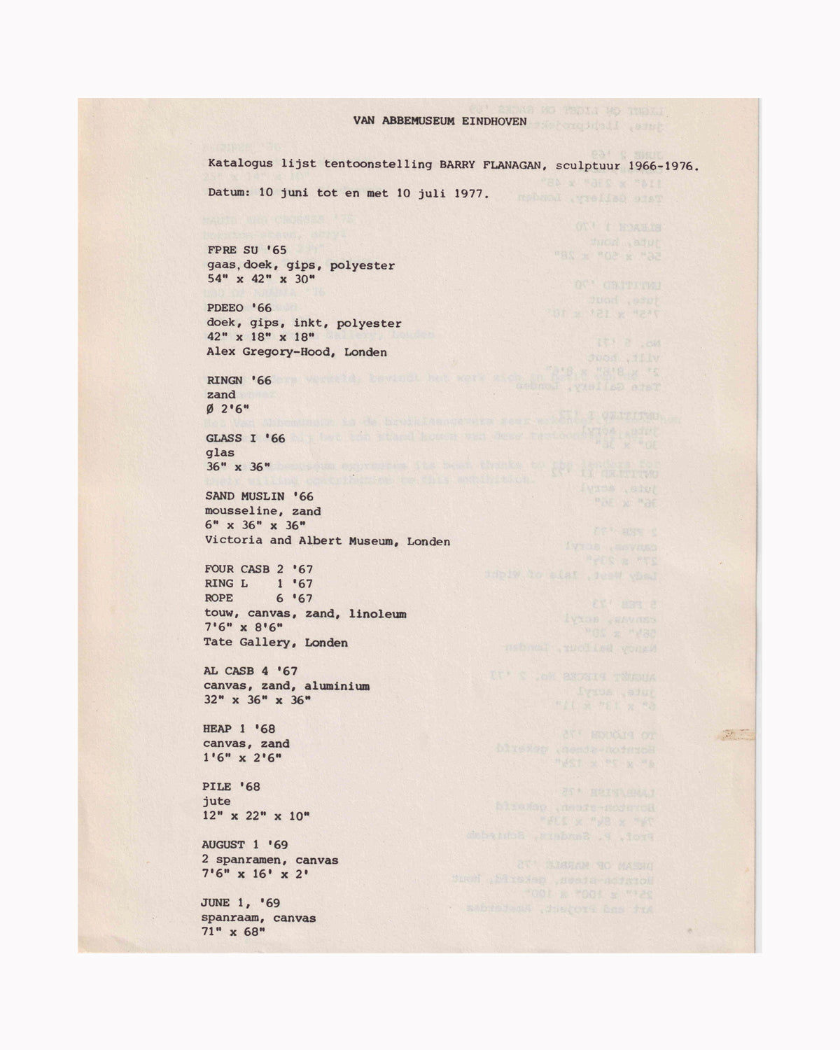Barry Flanagan: Sculptures 1966–1976 — typewritten catalogue list, Van Abbemuseum Eindhoven, 10 juni–10 juli 1977 — Dutch-language working document listing all exhibited works with materials and dimensions, including Sand Muslin (Victoria and Albert Museum), Four Casb / Ring L / Rope (Tate Gallery)