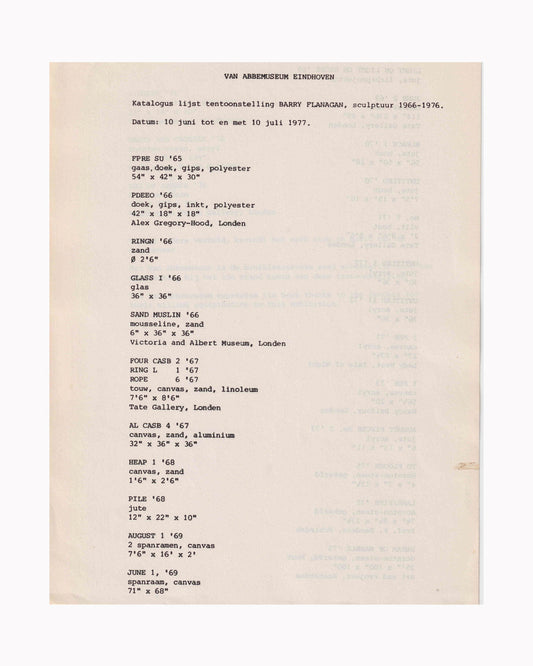 Barry Flanagan: Sculptures 1966–1976 — typewritten catalogue list, Van Abbemuseum Eindhoven, 10 juni–10 juli 1977 — Dutch-language working document listing all exhibited works with materials and dimensions, including Sand Muslin (Victoria and Albert Museum), Four Casb / Ring L / Rope (Tate Gallery)