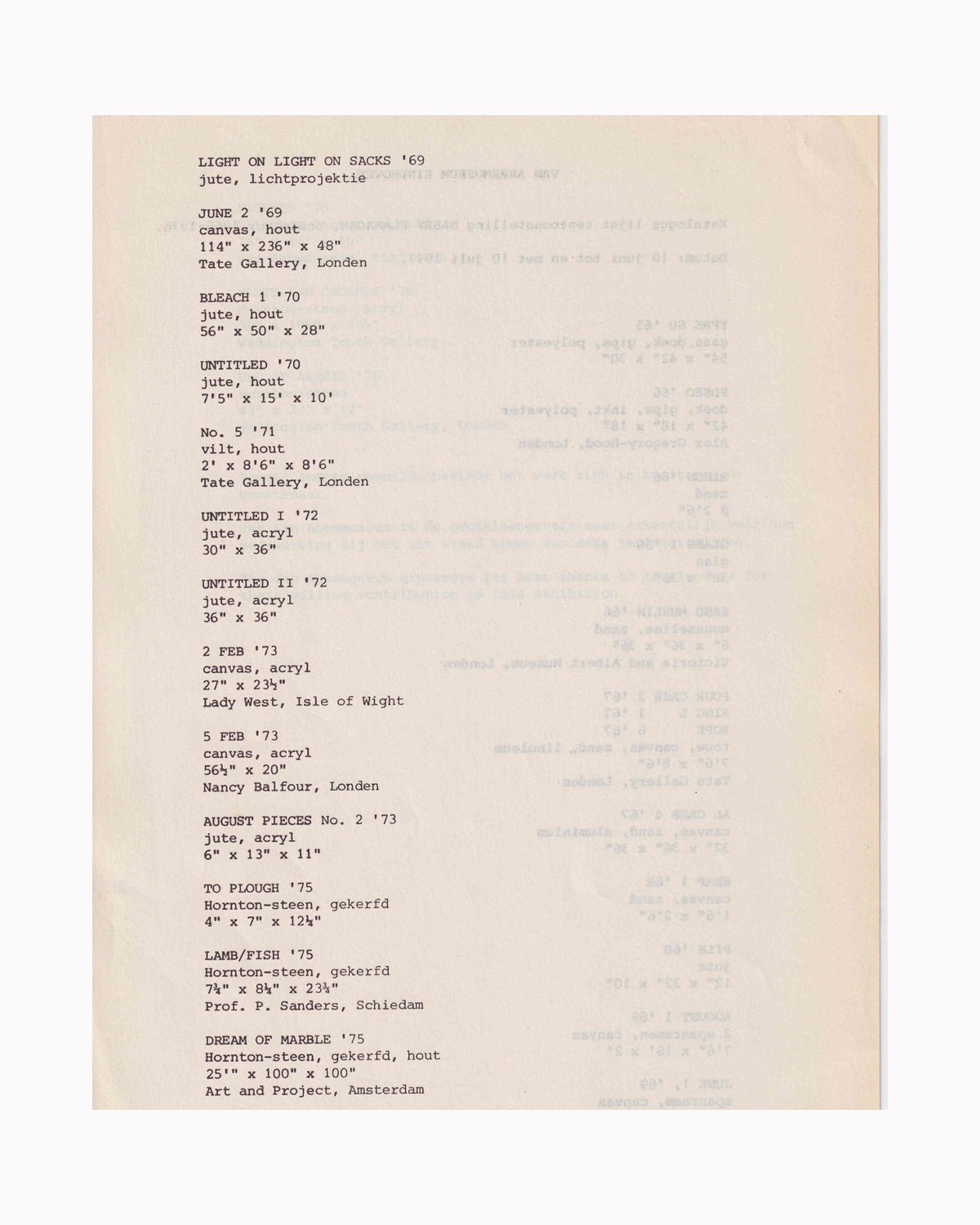 Barry Flanagan: Sculptures 1966–1976 — typewritten catalogue list page 2, Van Abbemuseum Eindhoven, 1977 — works 1969–1975 including June 2 (Tate Gallery), No. 5 (Tate Gallery), Dream of Marble (Art and Project, Amsterdam), materials including jute, hout, vilt, Hornton-steen