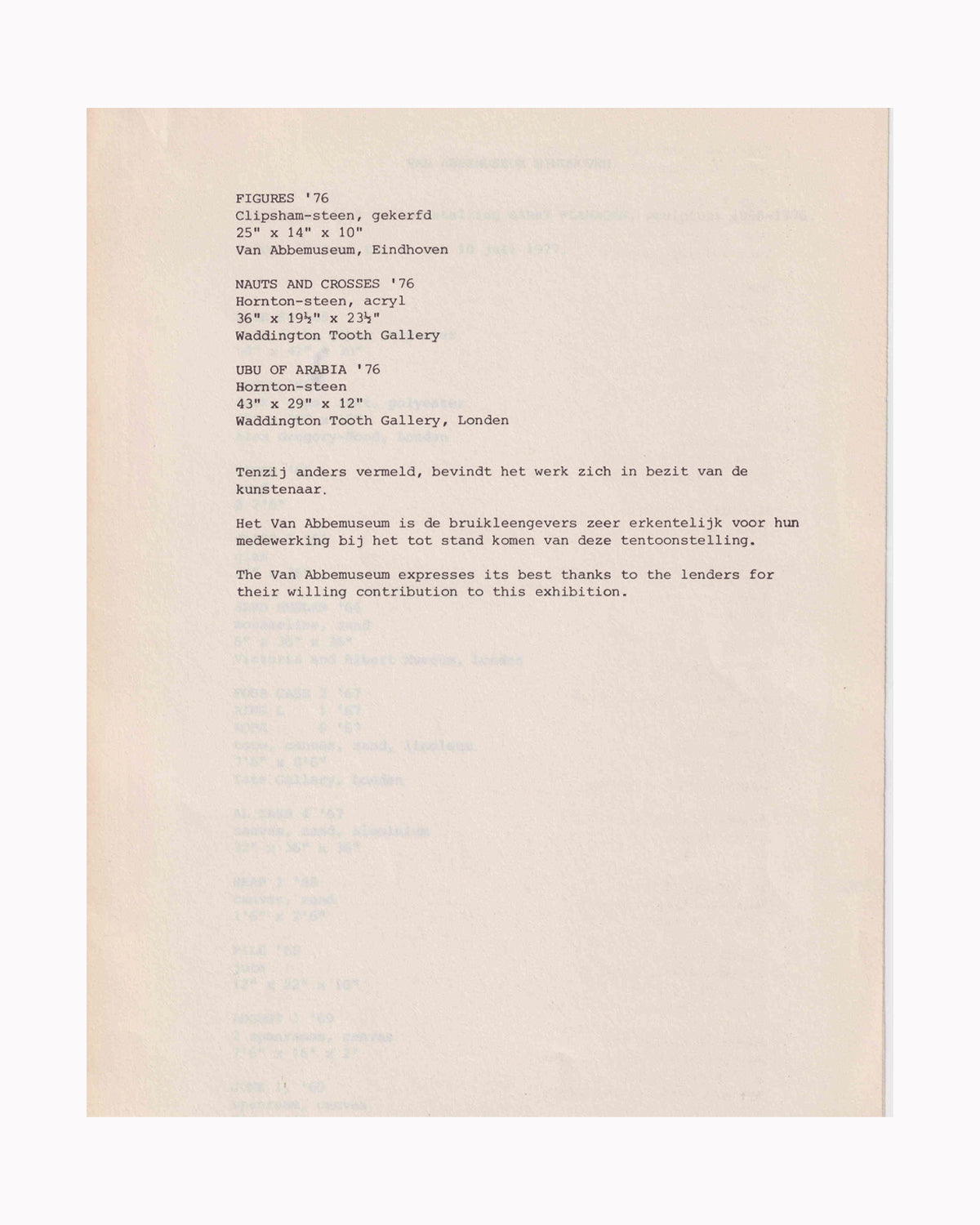 Barry Flanagan: Sculptures 1966–1976 — typewritten catalogue list page 3, Van Abbemuseum Eindhoven, 1977 — final works 1976 including Figures (Van Abbemuseum), Nauts and Crosses and Ubu of Arabia (Waddington Tooth Gallery, London), with bilingual Dutch and English lenders acknowledgement