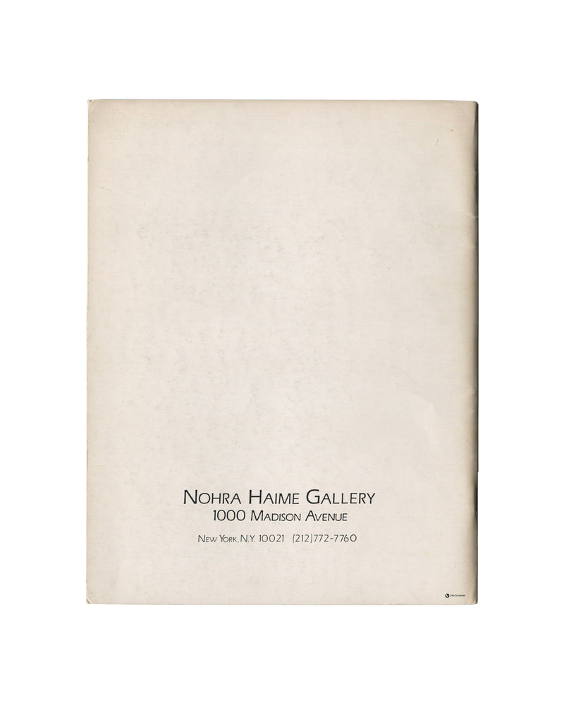Reverse of c.1985 Constructures: New Perimetrics in Abstract Painting exhibition catalogue showing plain cream-white matte stock with warm age toning and light surface marks, with small centred black serif and small-cap typography at lower centre reading 'NOHRA HAIME GALLERY / 1000 Madison Avenue / New York, N.Y. 10021 (212)772-7760'.