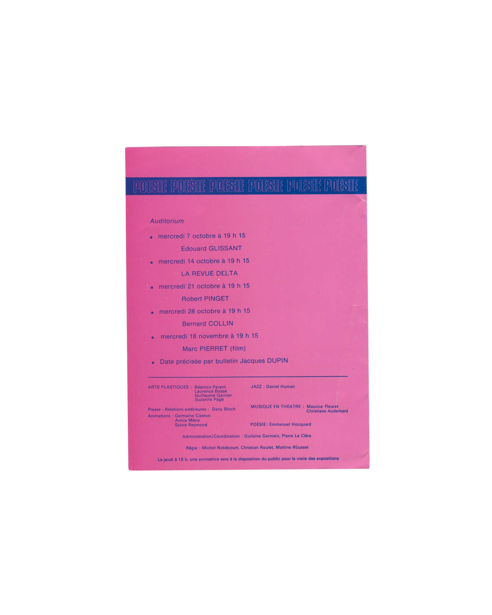 Baroques 81, ARC Paris 1981, programme back, fluorescent pink, Poésie blue header, auditorium listings and staff credits 