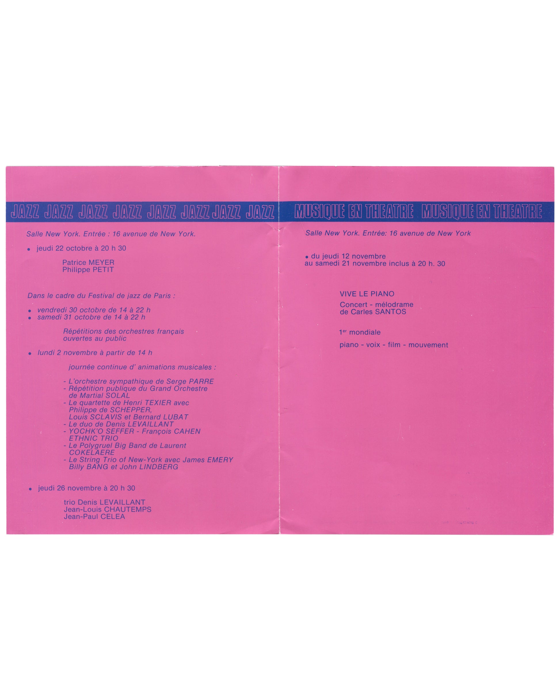 Baroques 81, ARC Paris 1981, programme unfolded, fluorescent pink, Jazz and Musique en Théâtre panels, blue header bands —