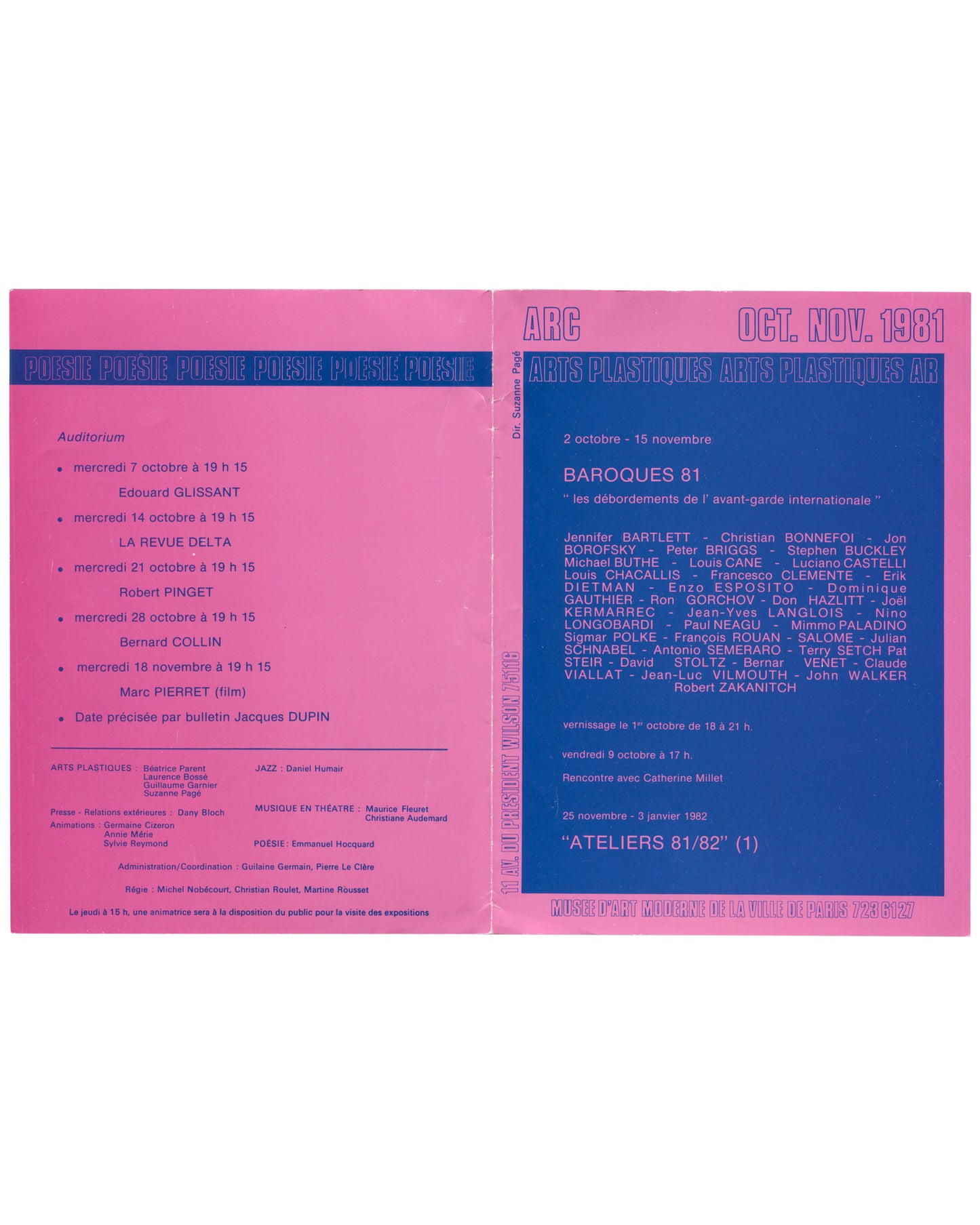 Baroques 81, ARC Paris 1981, programme outside, blue panel, full artist list in pink type, ARC Oct Nov 1981 header 