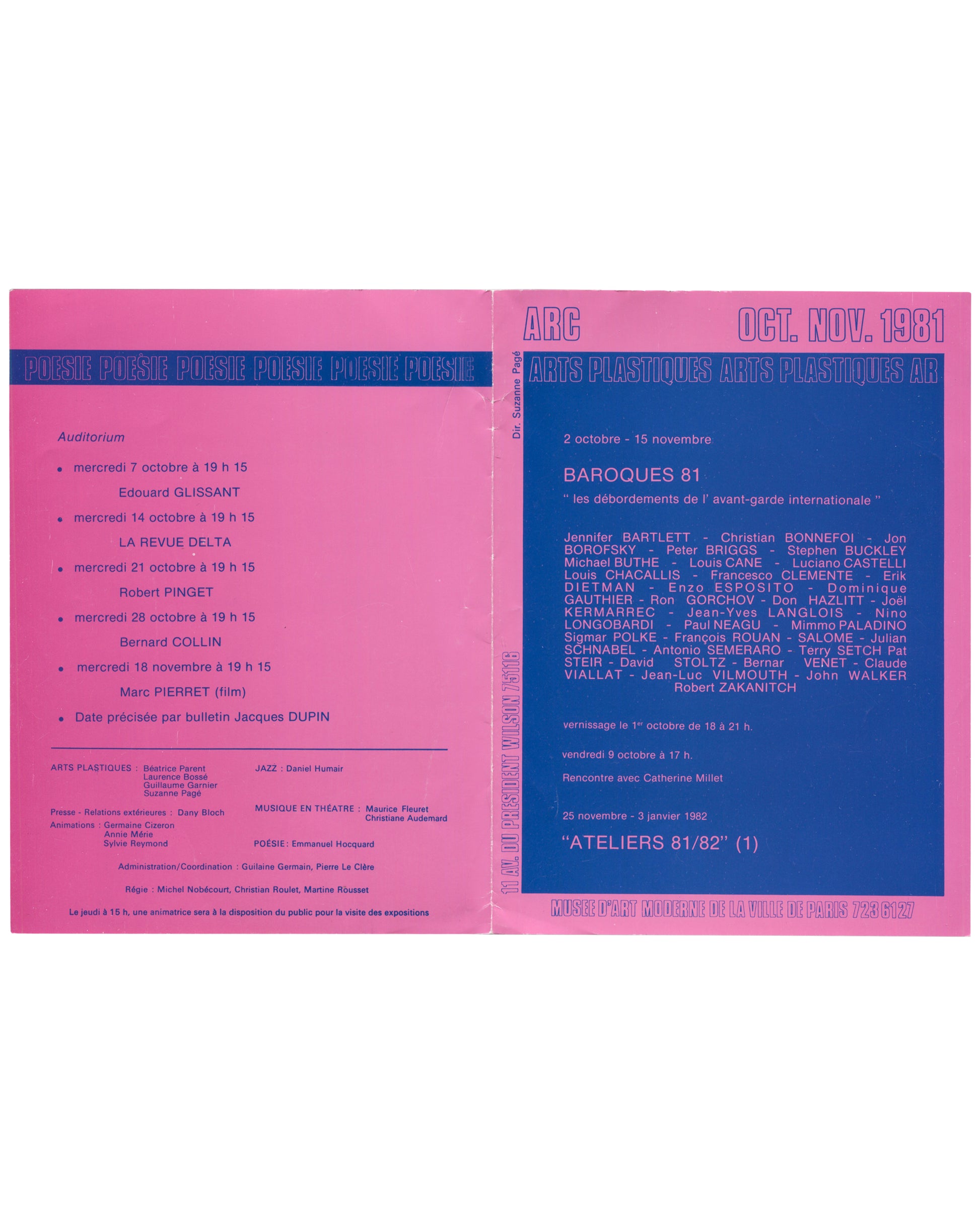 Baroques 81, ARC Paris 1981, programme outside, blue panel, full artist list in pink type, ARC Oct Nov 1981 header 