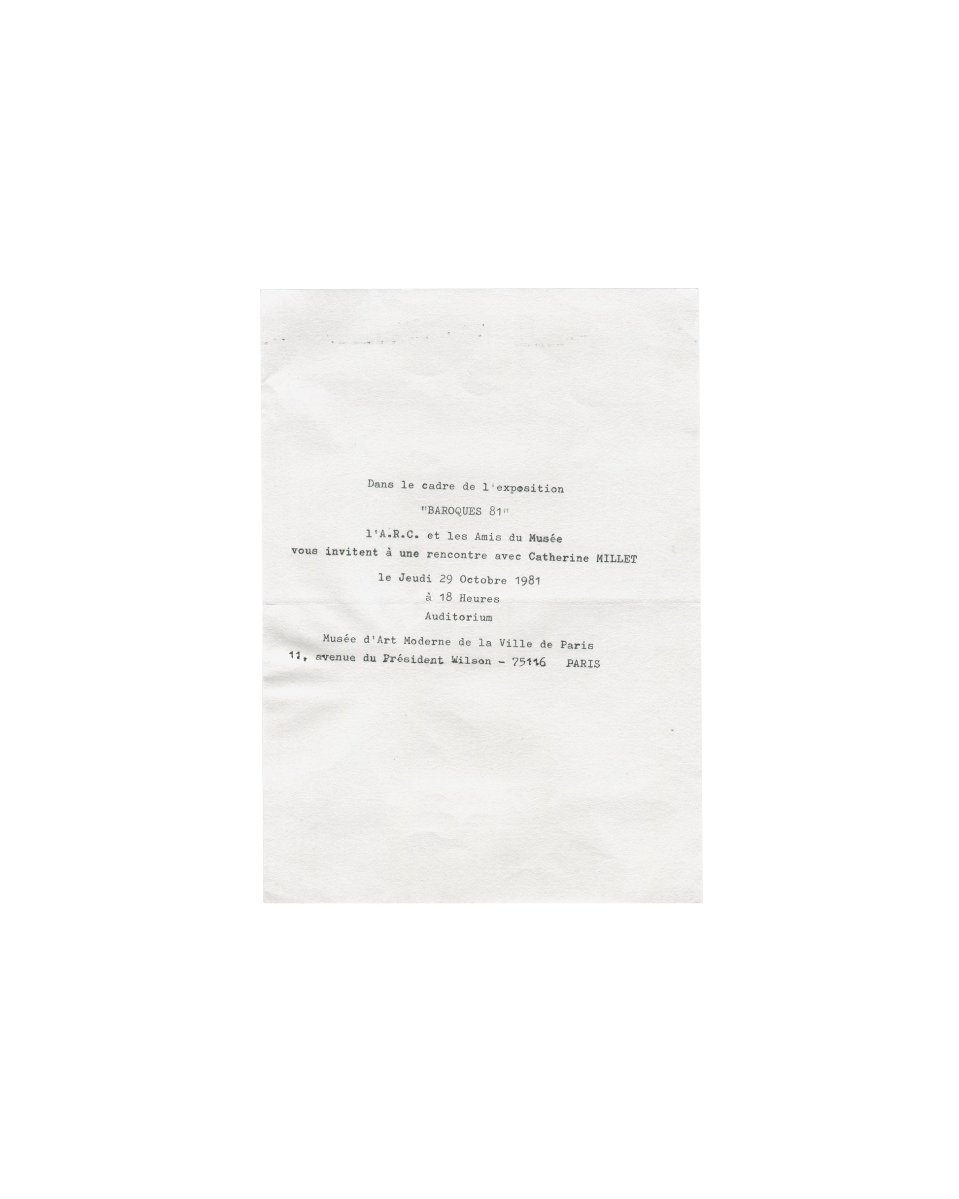 Baroques 81, ARC Paris 1981, typewritten meeting notice, rencontre avec Catherine Millet, 29 octobre 1981, Auditorium 