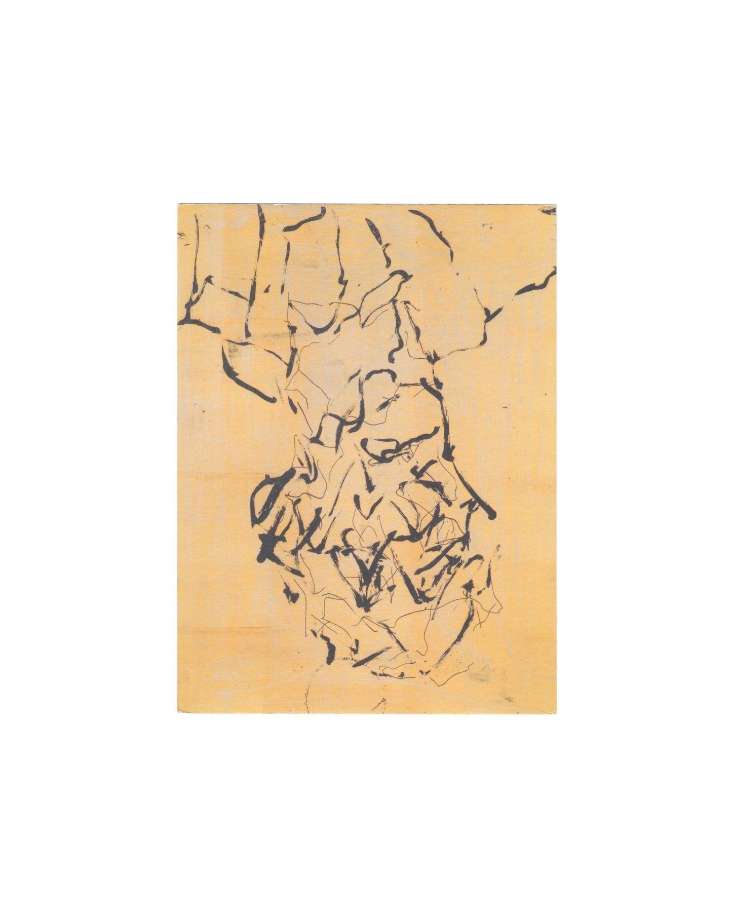Georg Baselitz, Auerbach (yellow), 2018. Etching with sugar lift aquatint and relief printing on Somerset White Satin 350gsm paper. Inverted figure in dark gestural marks on ochre ground. Reproduced on interior of Devotion exhibition invitation, Alan Cristea Gallery, 2019.

