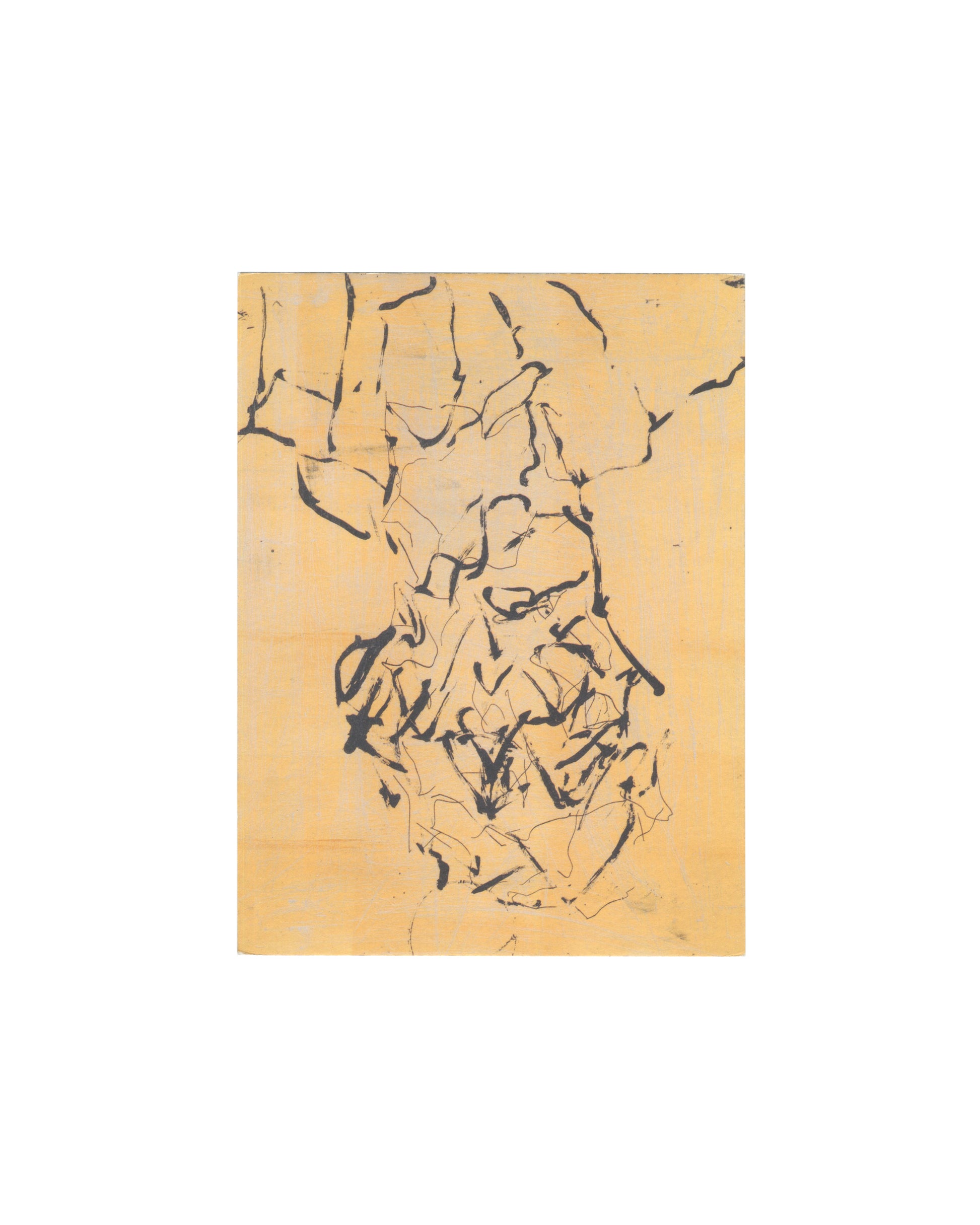 Georg Baselitz, Auerbach (yellow), 2018. Etching with sugar lift aquatint and relief printing on Somerset White Satin 350gsm paper. Inverted figure in dark gestural marks on ochre ground. Reproduced on interior of Devotion exhibition invitation, Alan Cristea Gallery, 2019.

