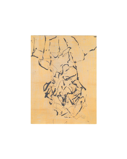Georg Baselitz, Auerbach (yellow), 2018. Etching with sugar lift aquatint and relief printing on Somerset White Satin 350gsm paper. Inverted figure in dark gestural marks on ochre ground. Reproduced on interior of Devotion exhibition invitation, Alan Cristea Gallery, 2019.

