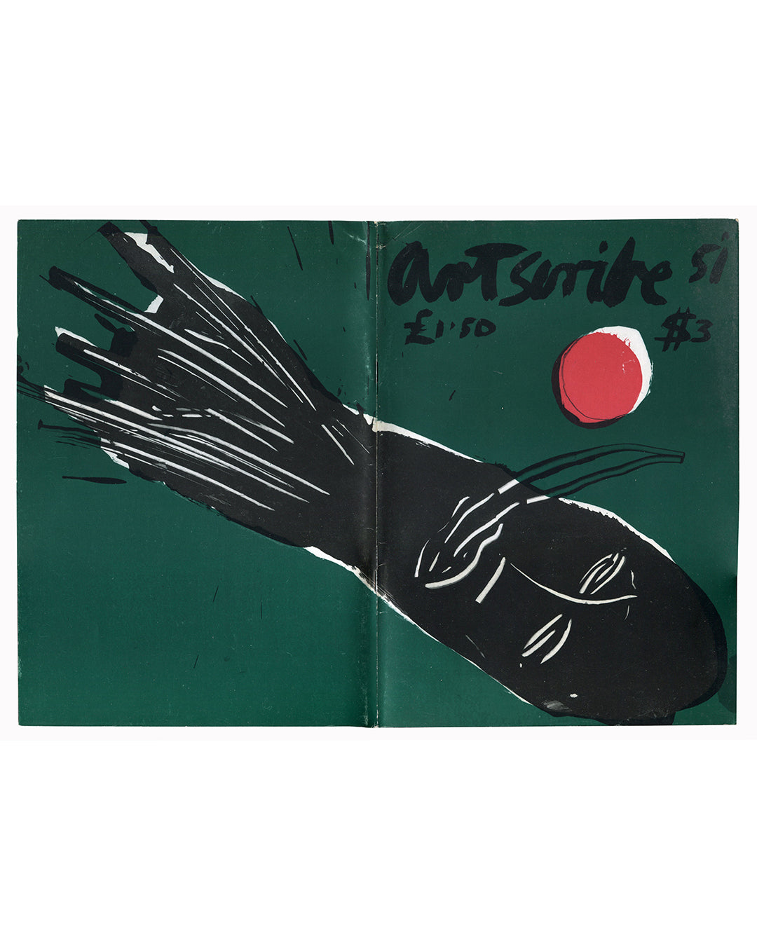 Art Scribe No. 51 magazine open spread showing full Basquiat cover art, 1985 — black figure with outstretched hand and red circle on green background, Artscribe Ltd