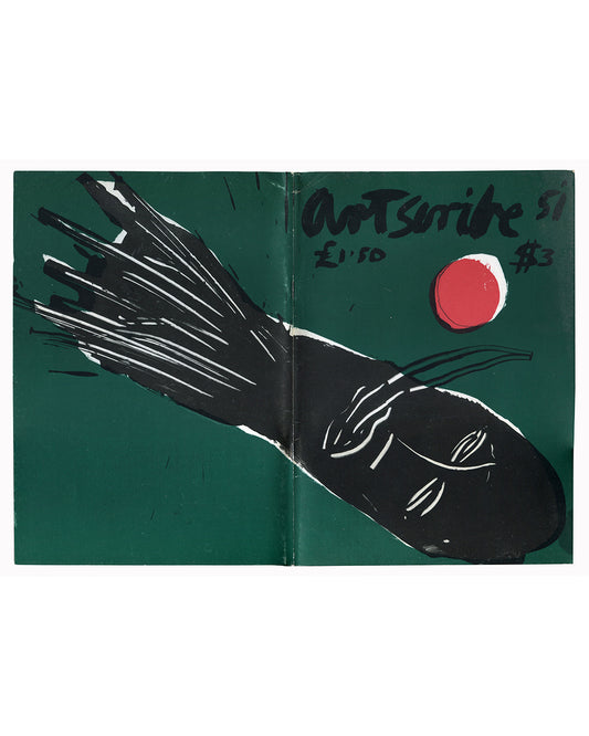 Art Scribe No. 51 magazine open spread showing full Basquiat cover art, 1985 — black figure with outstretched hand and red circle on green background, Artscribe Ltd