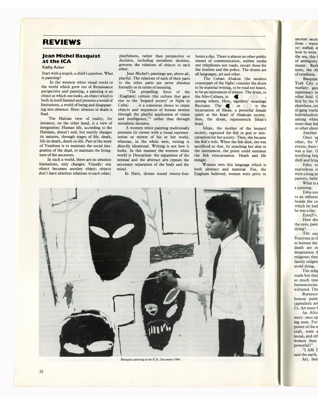 Jean-Michel Basquiat painting at the ICA, December 1984 — editorial photograph reproduced in Art Scribe No. 51, alongside Kathy Acker review essay