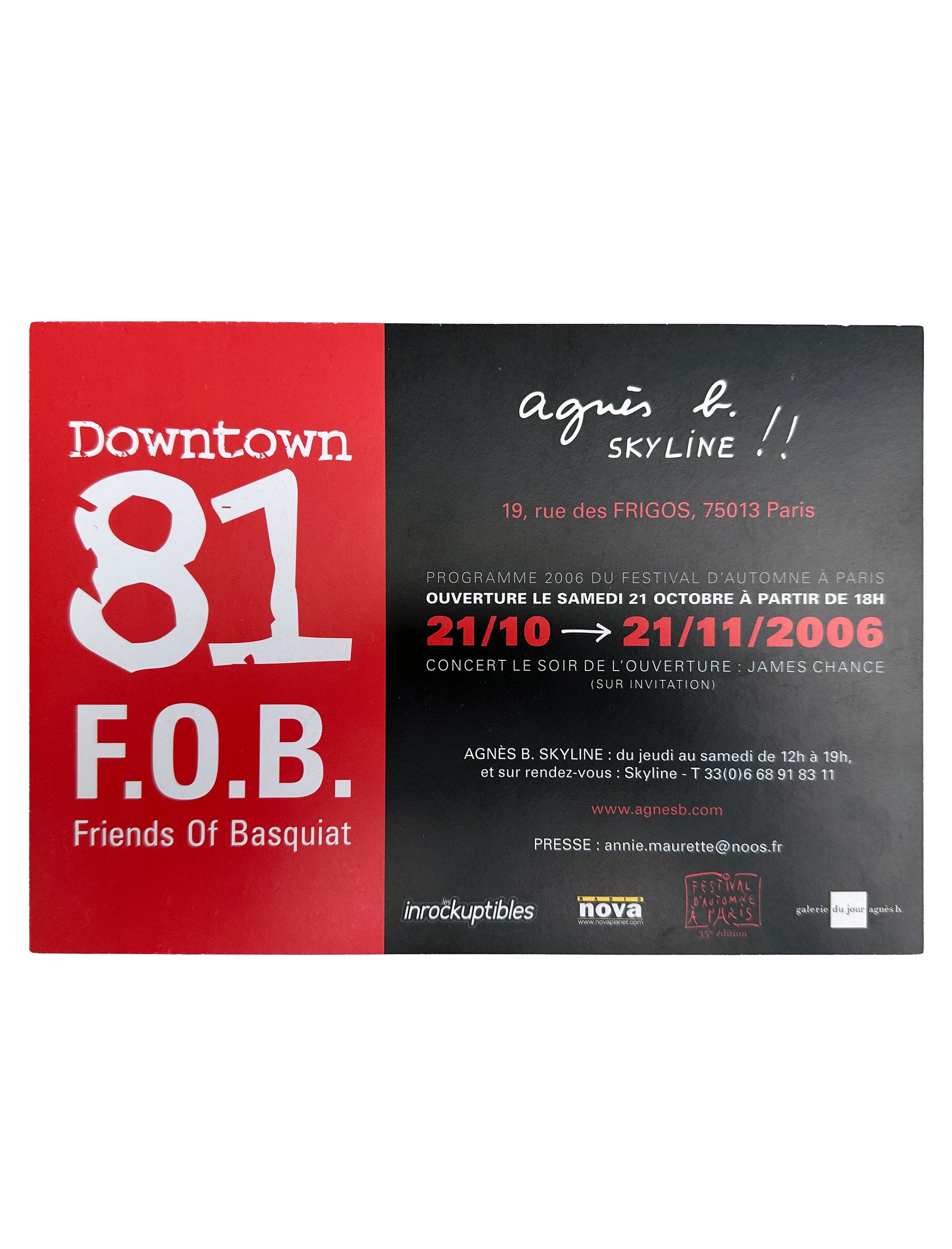 Promotional flyer for Downtown 81 F.O.B. event featuring Friends of Basquiat with red and black design.