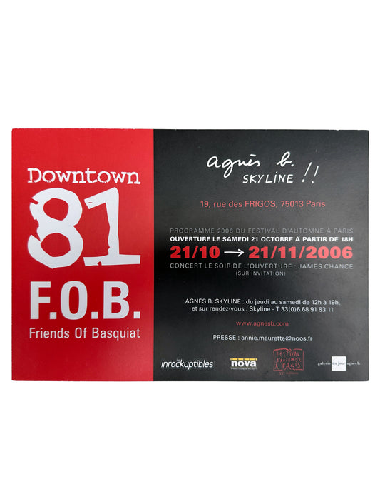 Promotional flyer for Downtown 81 F.O.B. event featuring Friends of Basquiat with red and black design.