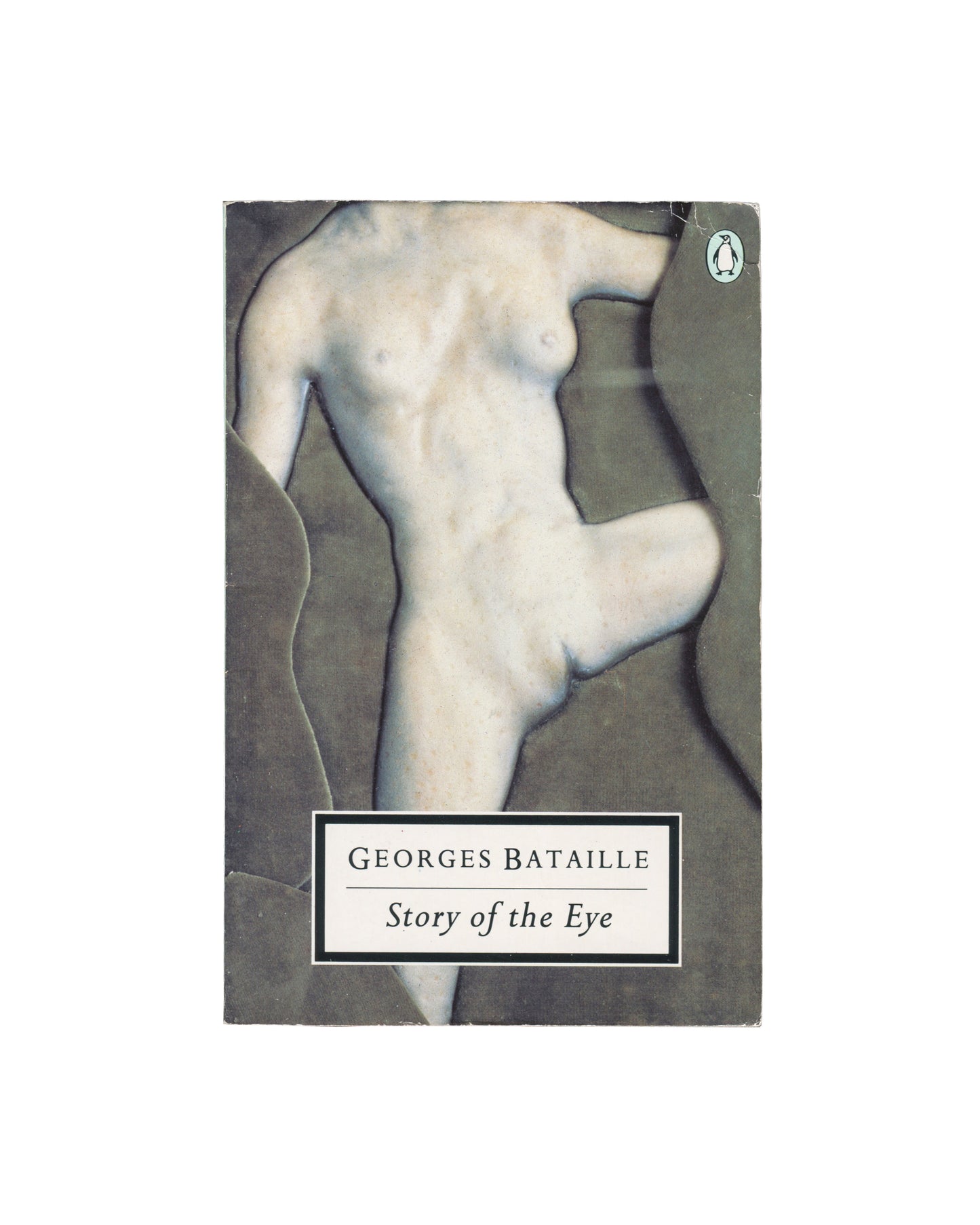 Georges Bataille / Marcel Duchamp, Story of the Eye, Penguin Twentieth-Century Classics, 1989, front cover, cropped nude torso from Étant donnés, mottled grey-green ground, Penguin logo