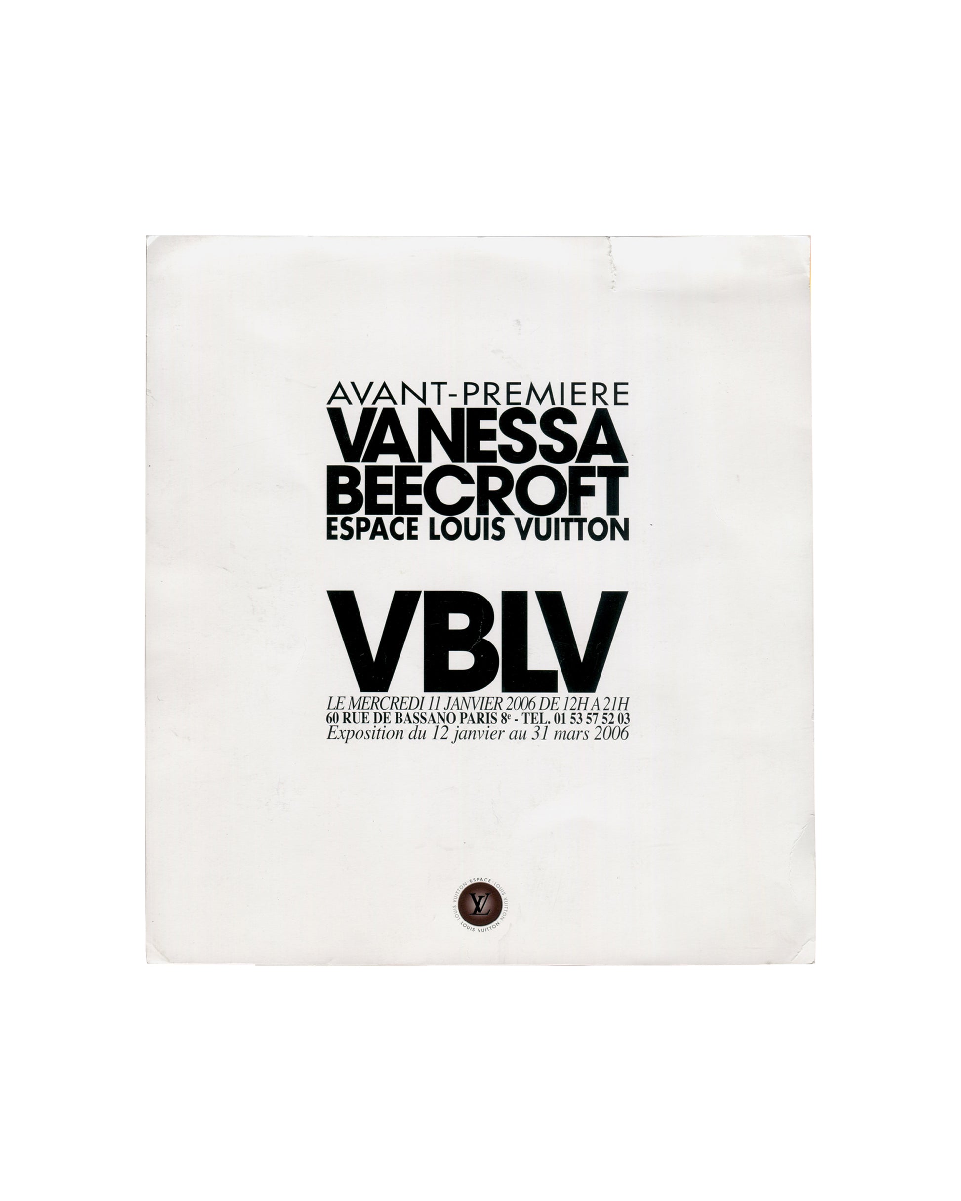 Vanessa Beecroft, VBLV invitation verso; avant-première Espace Louis Vuitton Paris, bold black typography on white, 2006